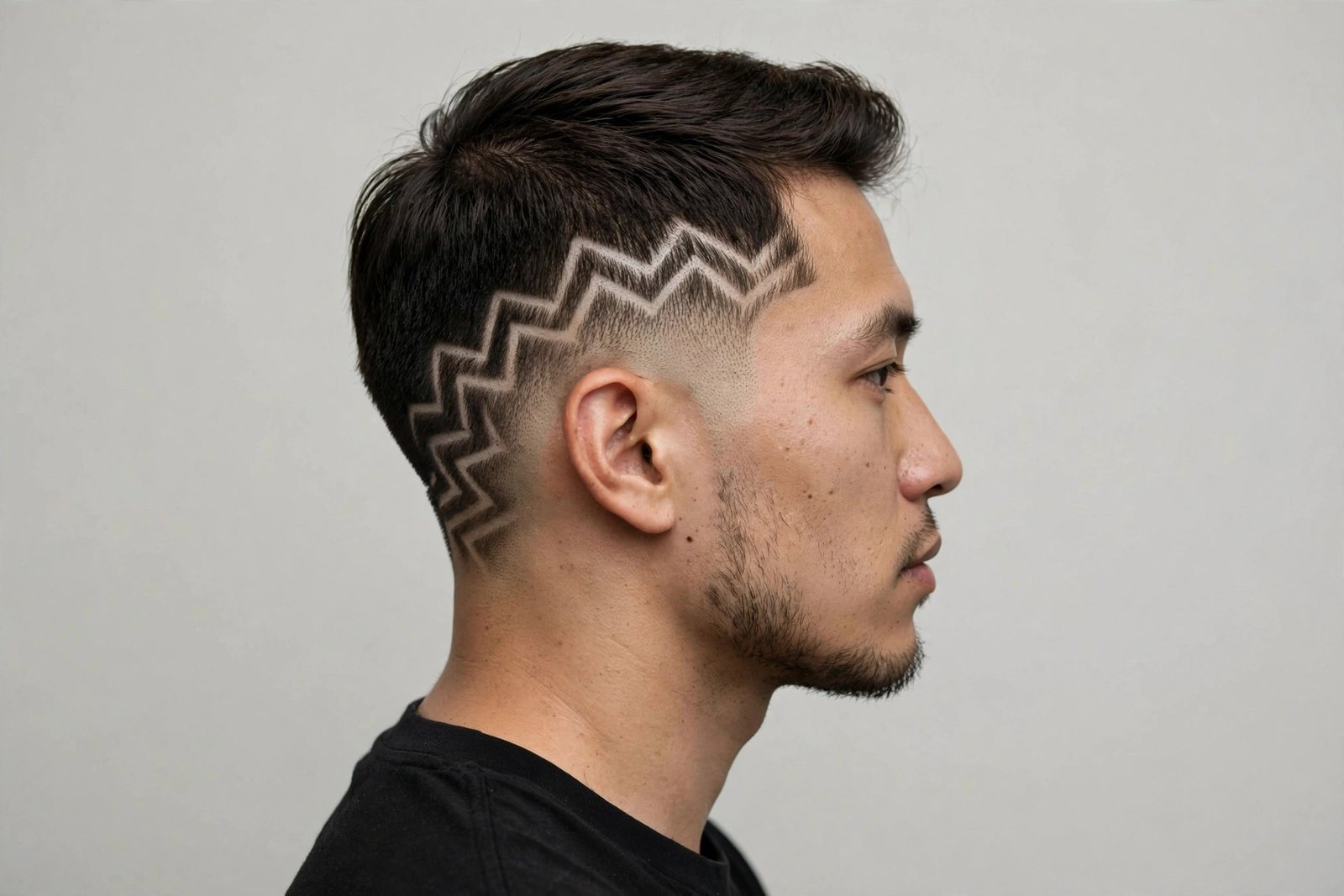 Zigzag and diamond hair design for men: repeating angular pattern carved along a fade, premium barbershop photo