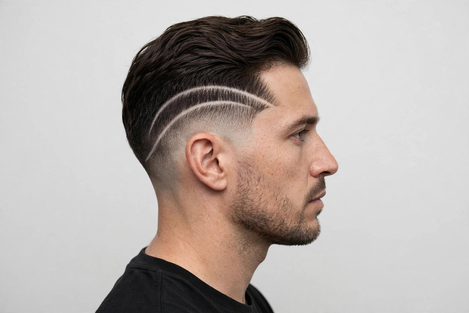 Swoosh speed lines hair design for men: parallel curved lines swept along a fade, editorial barbershop photography