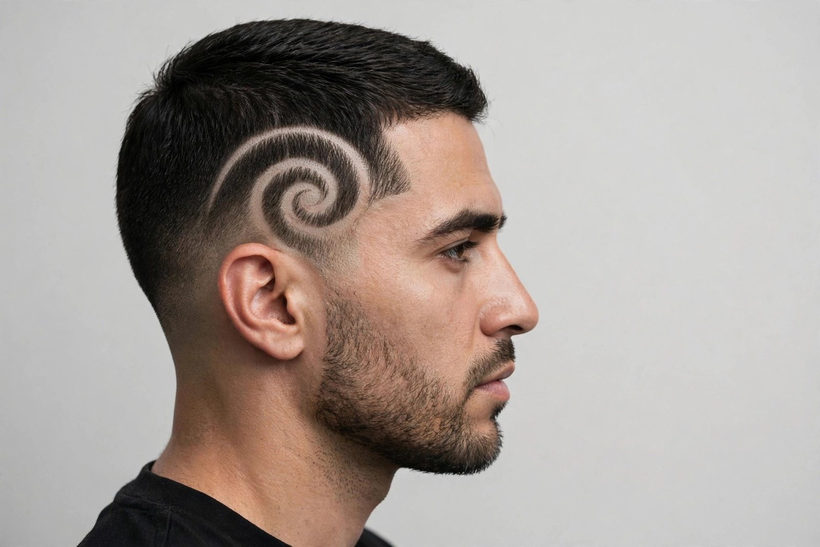 Spiral hair design for men: carved coil winding inward on the temple, premium editorial barbershop photo