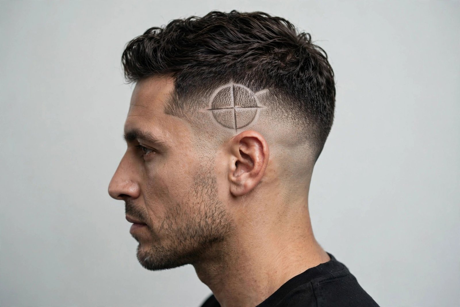 Crosshair hair design for men: carved intersecting lines with circle on the temple, editorial barbershop photography