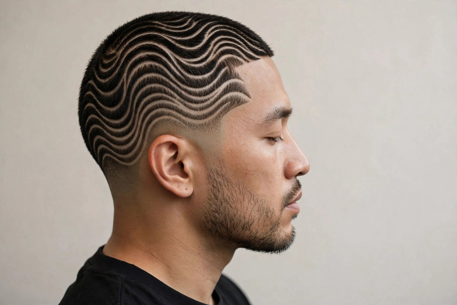 Wave pattern hair design for men: parallel undulating lines carved into a fade, premium barbershop photo