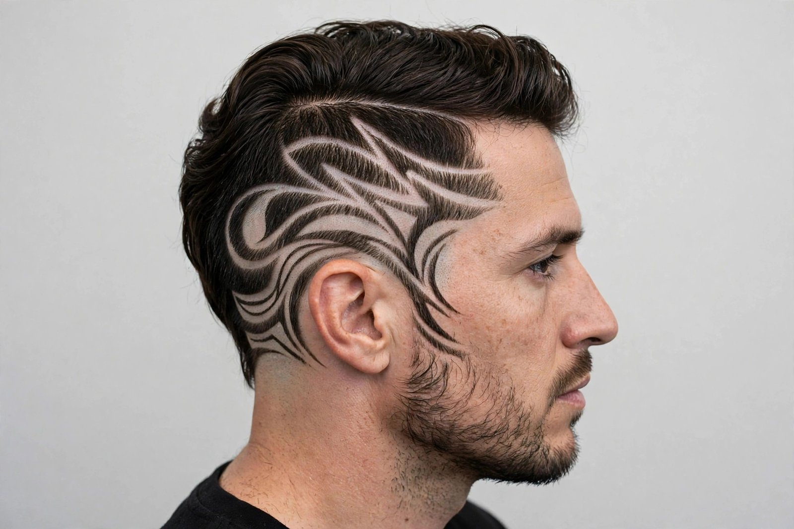 Abstract freestyle hair art for men: original freehand composition carved on the side of the head, editorial barbershop photography