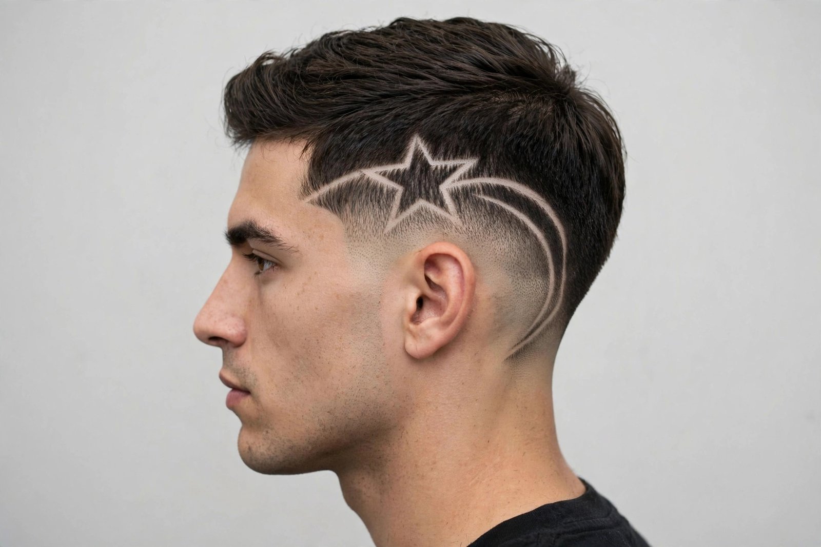 Star and fade combo hair design for men: star integrated into fade composition with carved arc, premium barbershop photo