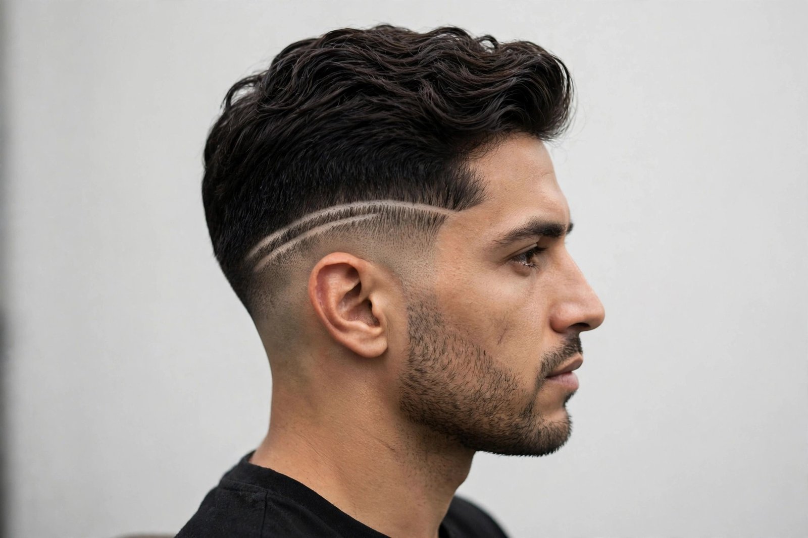 Double line hair design for men: two parallel carved lines on the fade, editorial barbershop photography