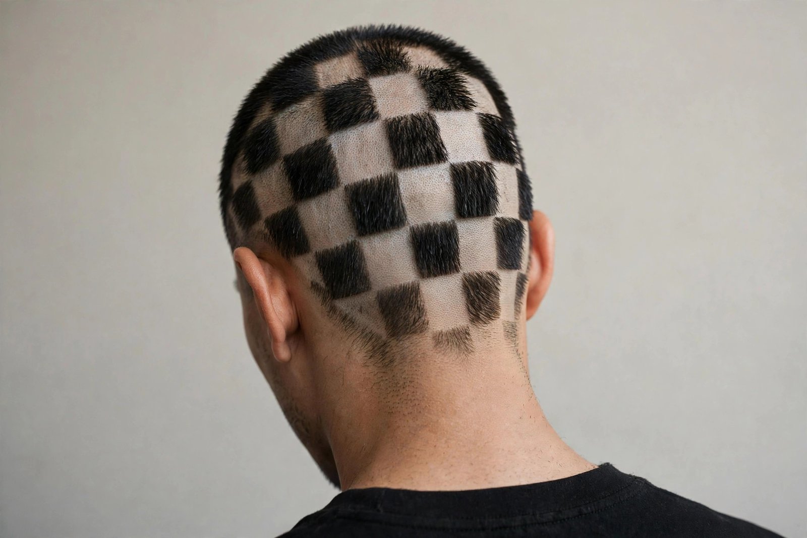 Checkerboard hair design for men: alternating carved squares grid on the back of the head, premium barbershop photo