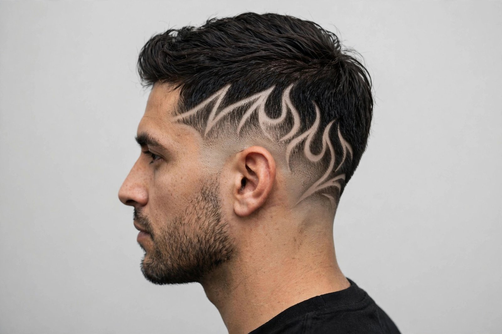 Flame hair design for men: carved flame tongues rising along the fade, editorial barbershop photography