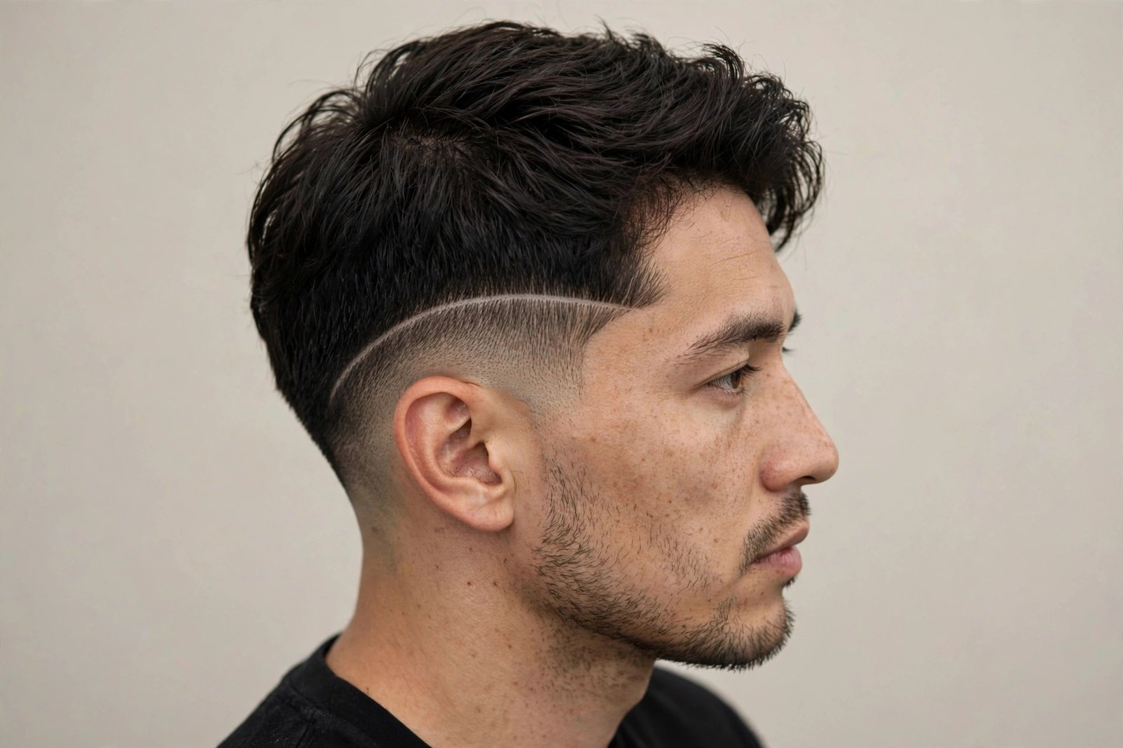 Subtle micro-line hair design for men: single thin carved line along the part, premium barbershop photo
