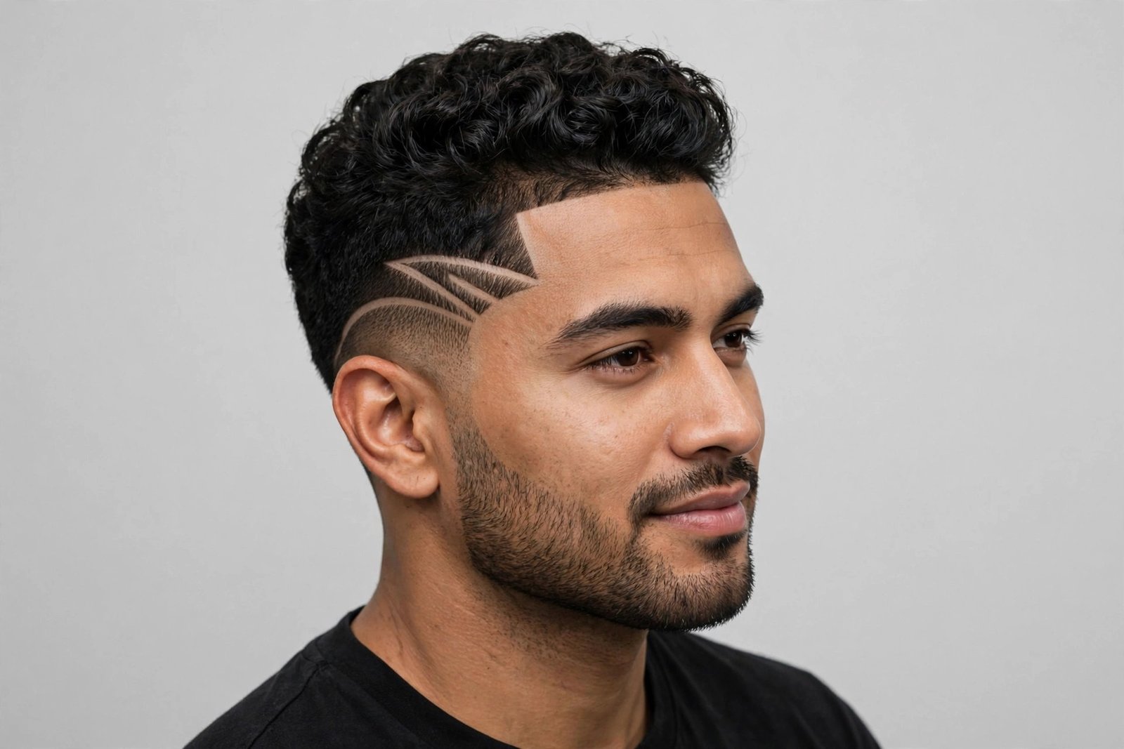 Frequently asked questions about hair designs for men: man with a sharp line-up and temple design, editorial photo