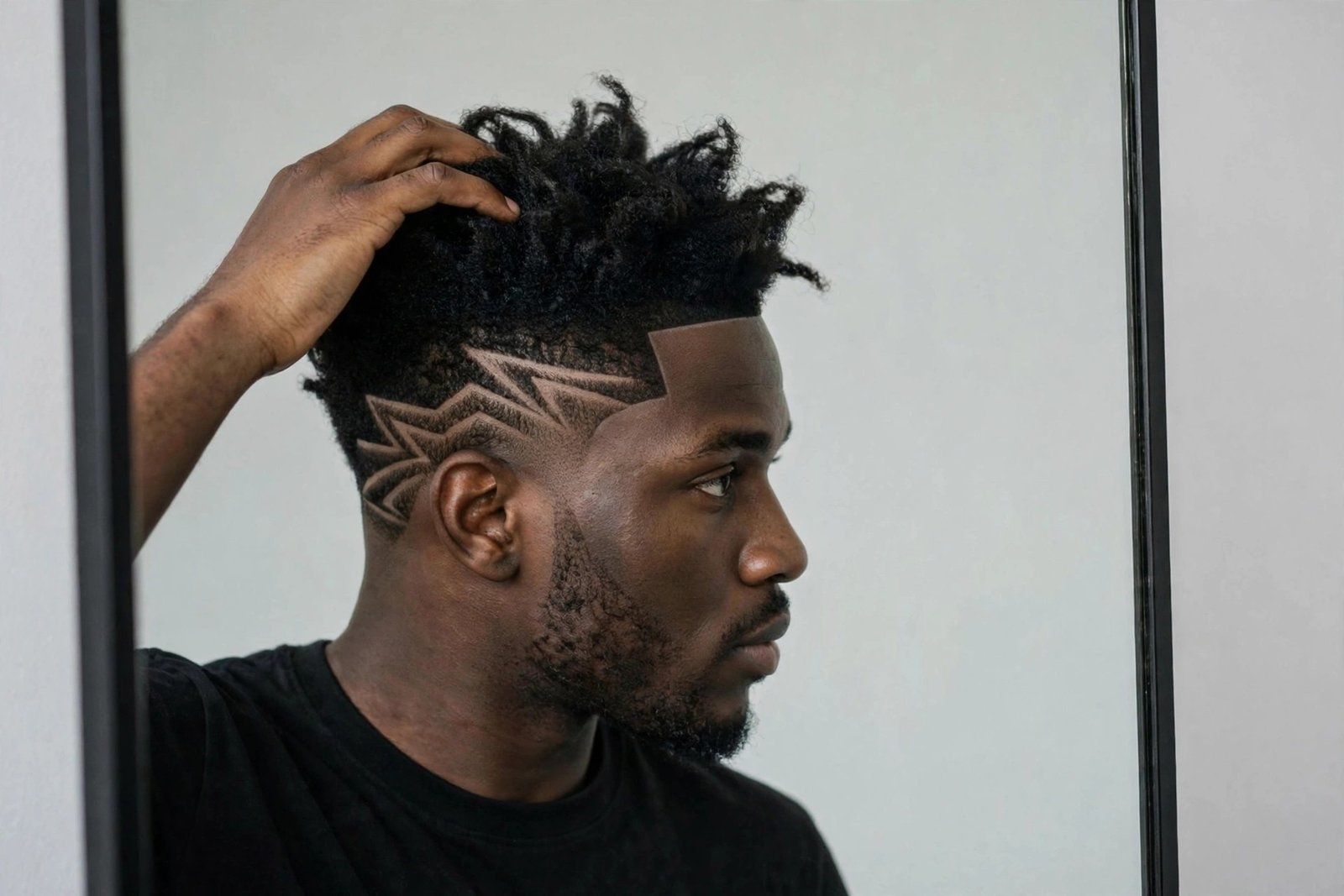Hair design maintenance routine for men: man with crisp line-up and carved design checking his sharp haircut, editorial photography