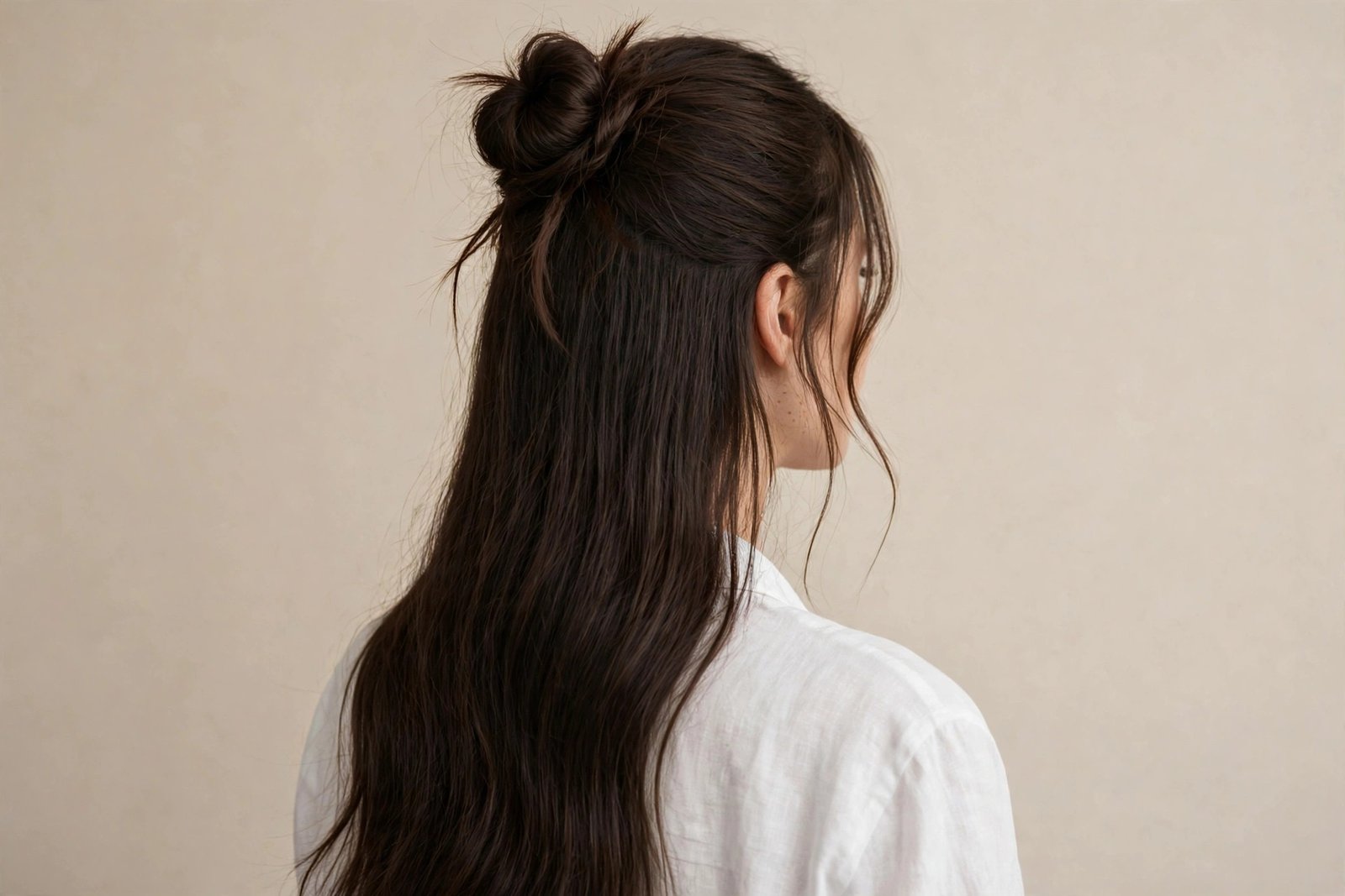 Classic half-up top knot on dark brown hair with loose face-framing pieces