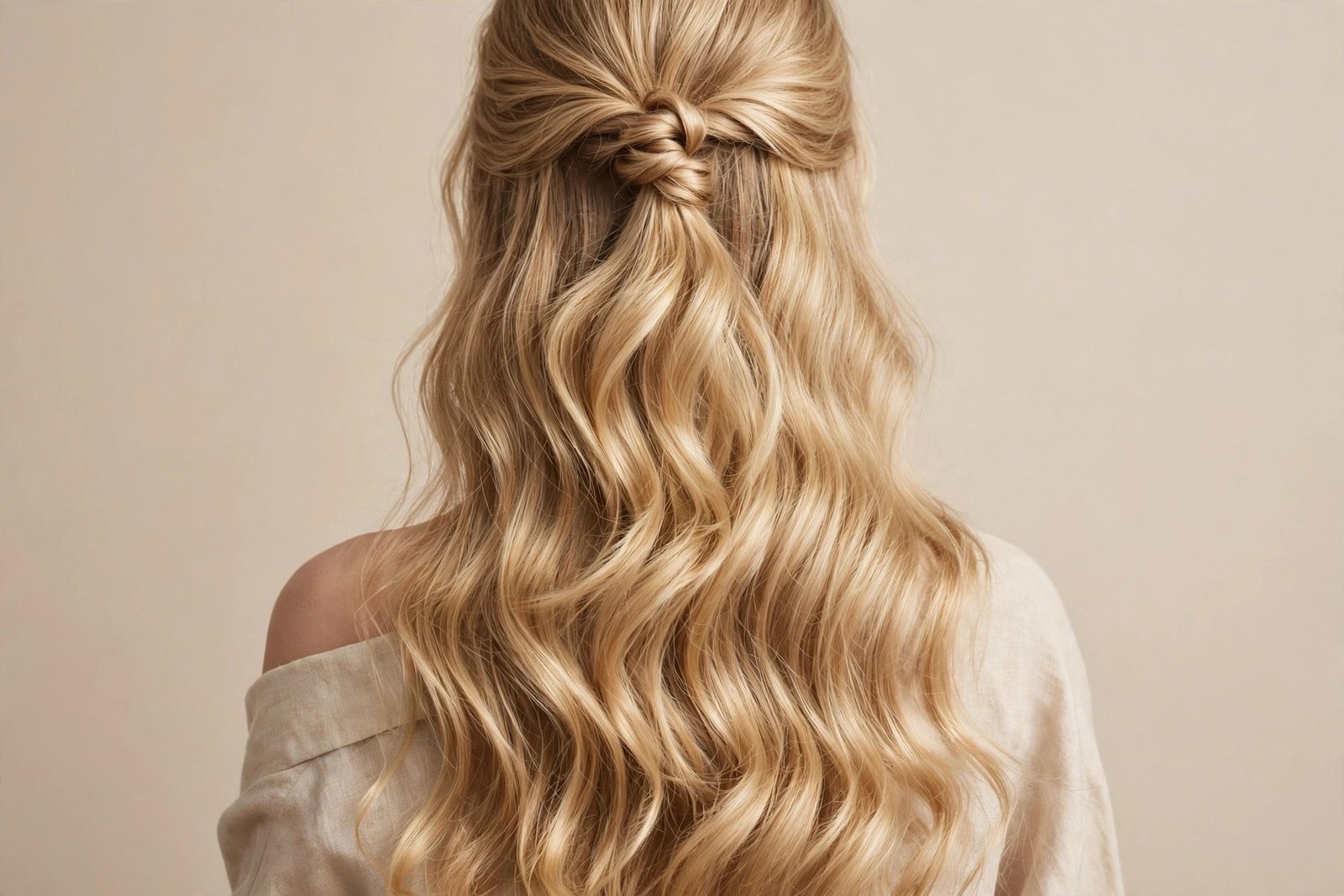 Romantic loose-wave half up half down hairstyle on long golden blonde hair