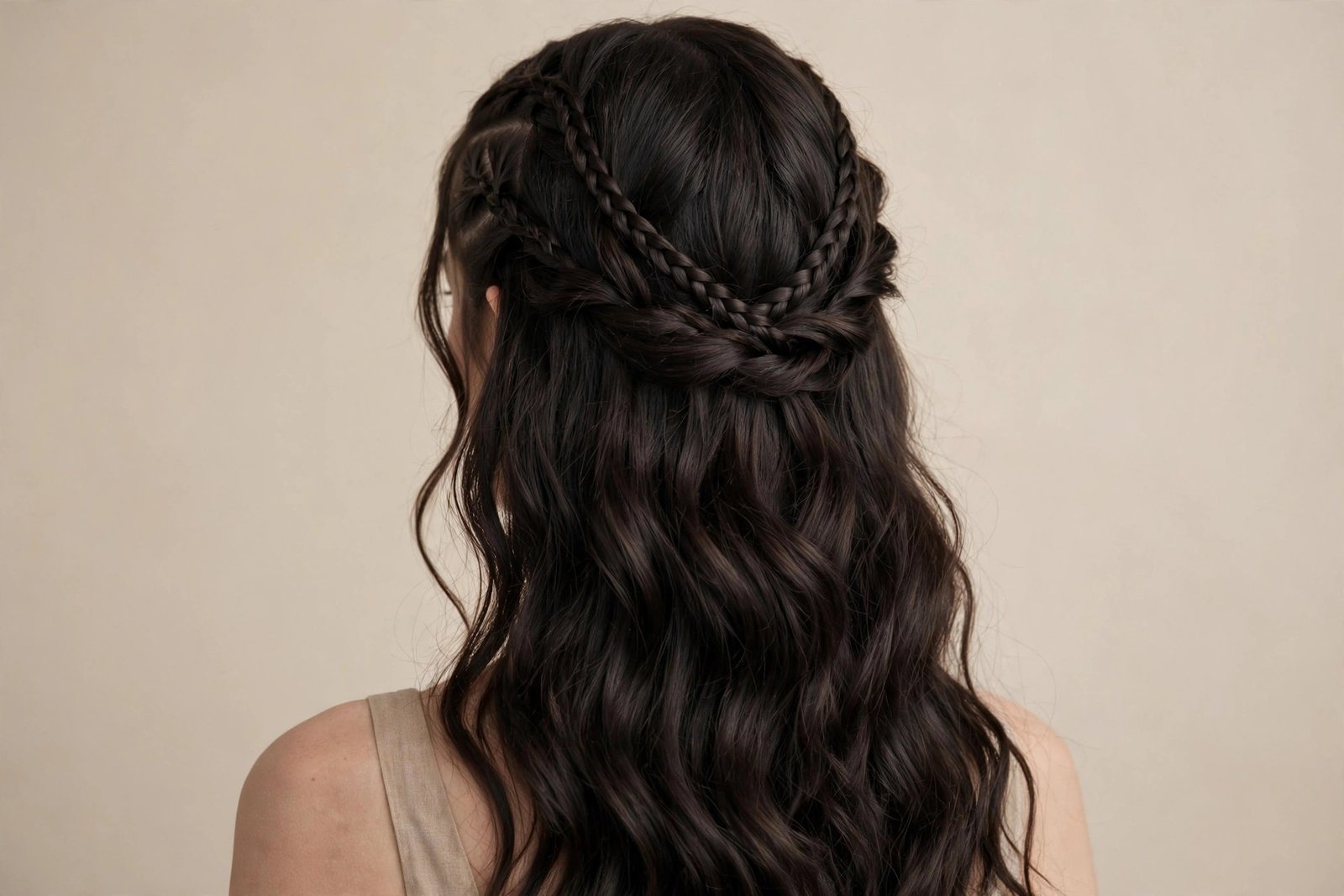 Braided half-up crown on long dark wavy hair with the braids meeting at the back