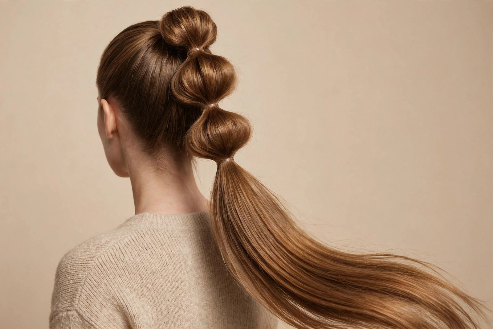 Half-up bubble ponytail on long honey-brown hair with puffed sections