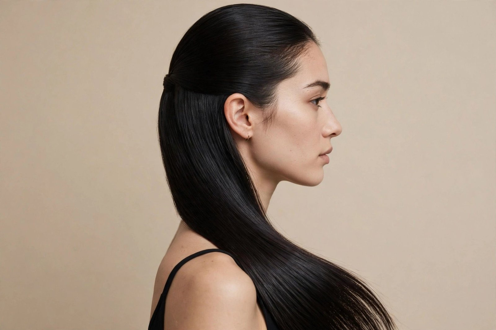 Sleek straight half up half down hairstyle on glossy black hair