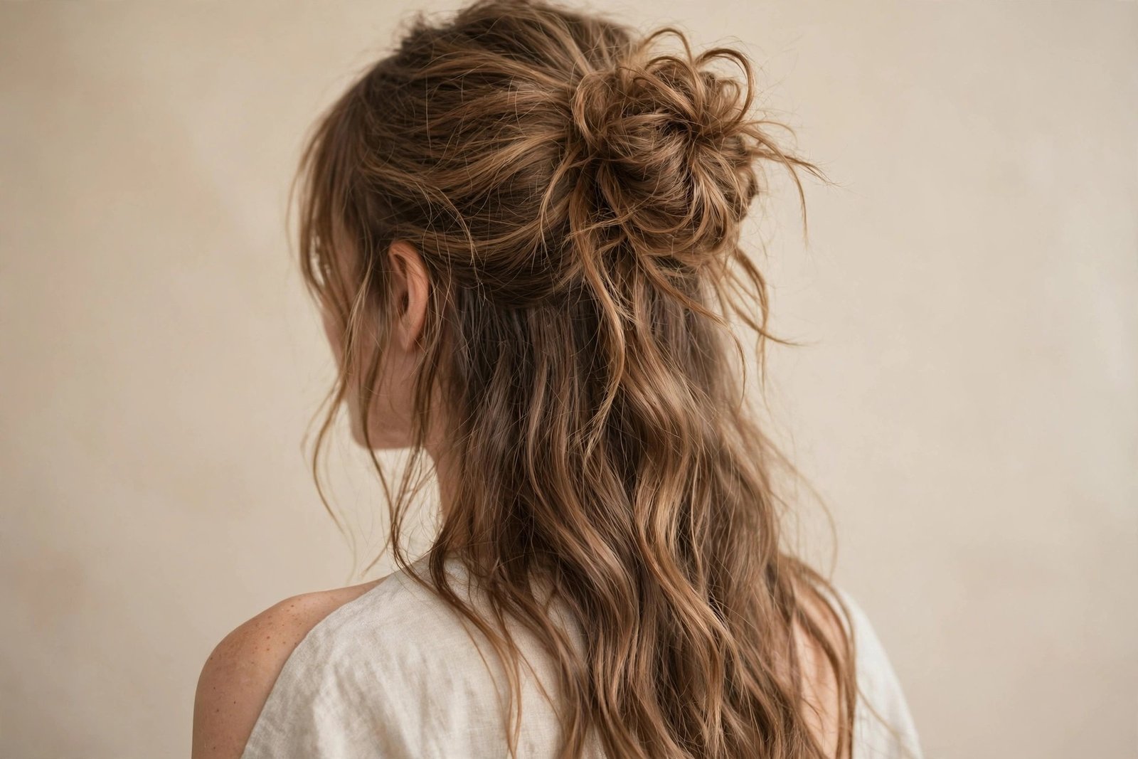 Messy textured half-up bun on tousled light brown wavy hair