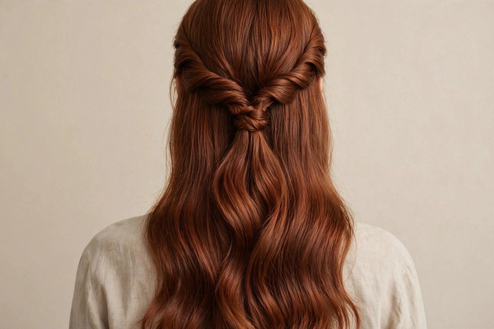 Twisted rope half-up hairstyle on auburn hair with two rope twists meeting at the back