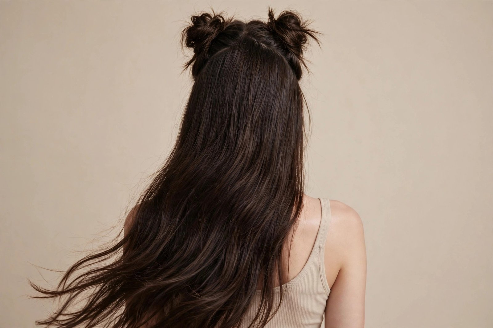 Half-up double space buns on long dark hair with the rest flowing down