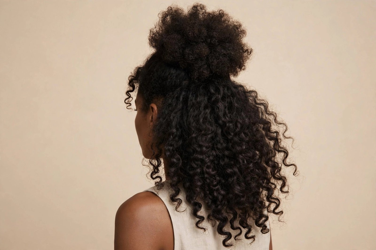 Curly pineapple half-up puff with voluminous natural curls gathered on the crown