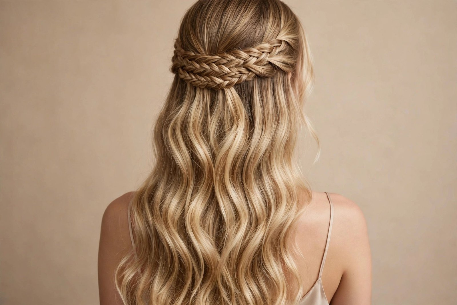 Fishtail-braid half-up hairstyle across the back of long blonde hair