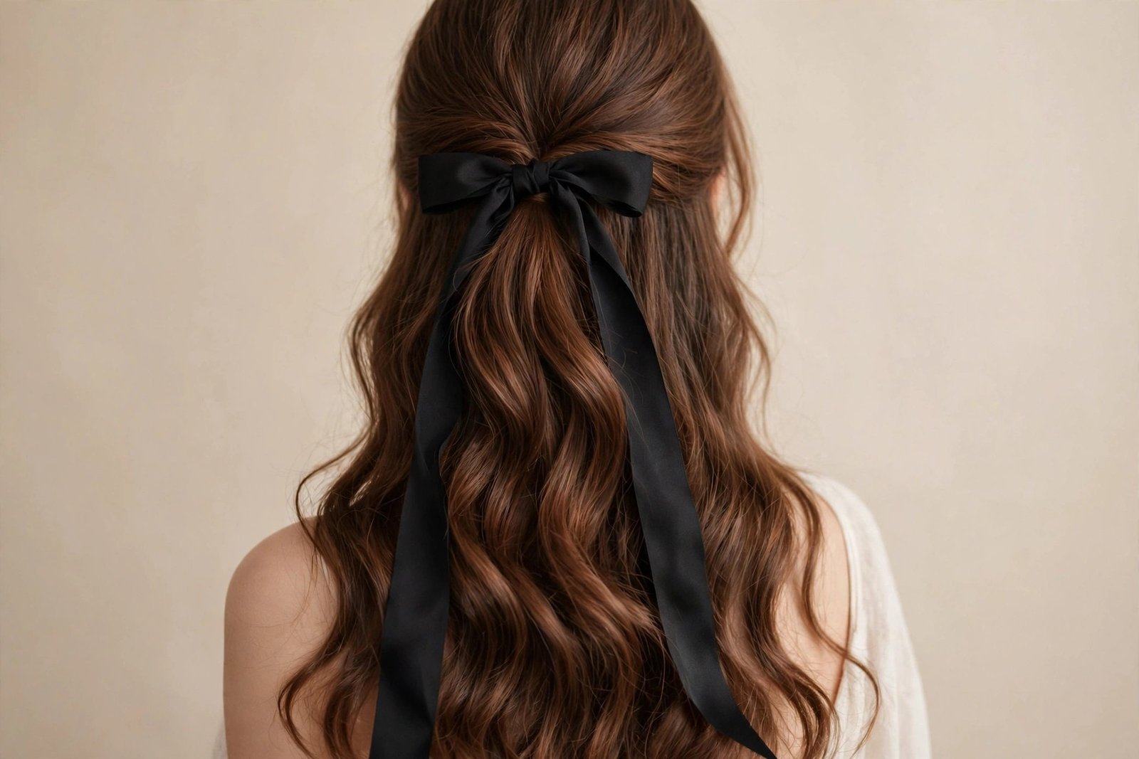 Low half-up ponytail tied with a black satin ribbon bow on chestnut hair