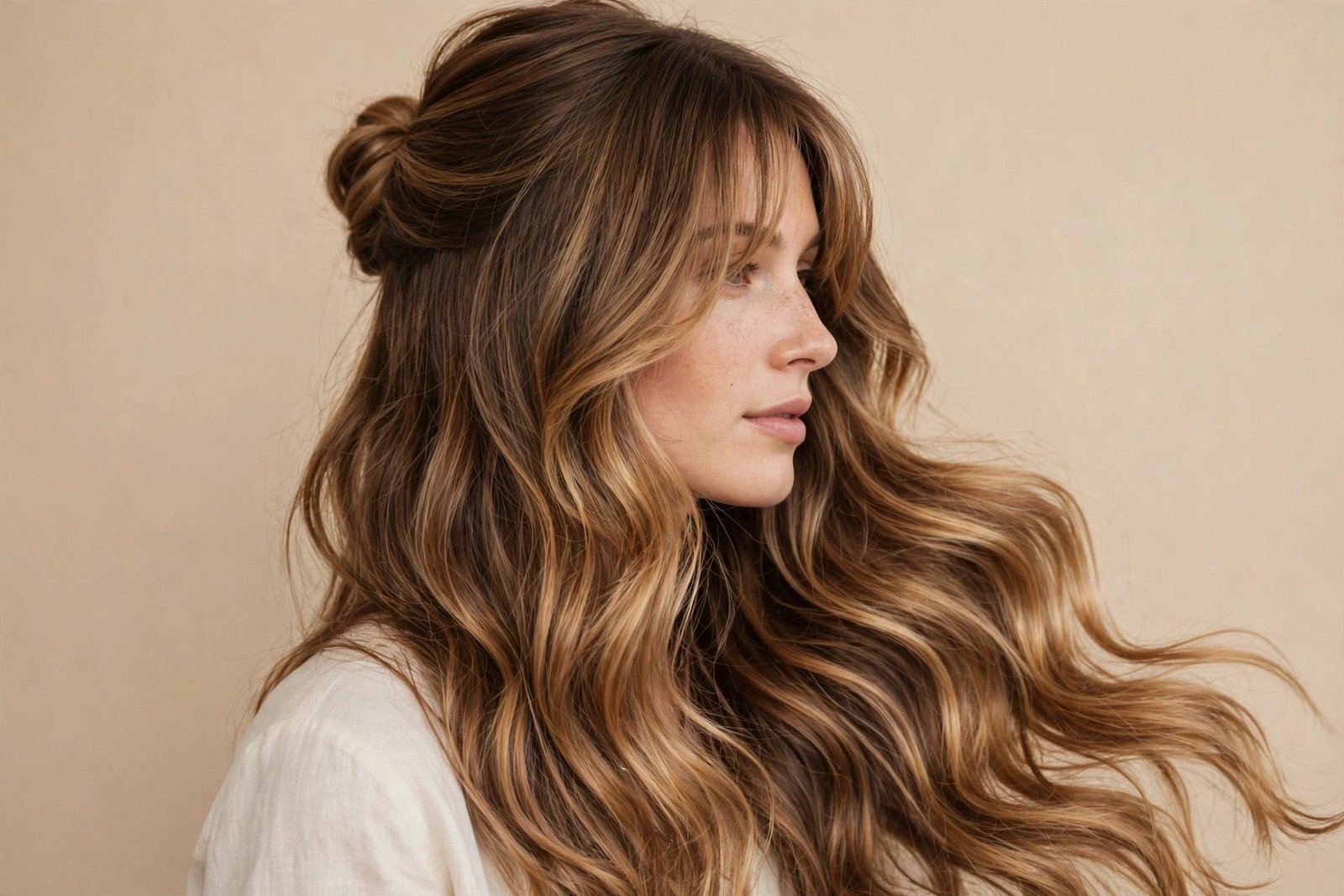 Half-up hairstyle with curtain bangs framing the face on caramel balayage hair