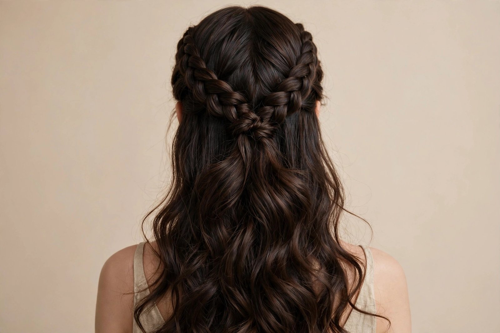 Dutch-braid half-up with two raised braids from the temples meeting at the back