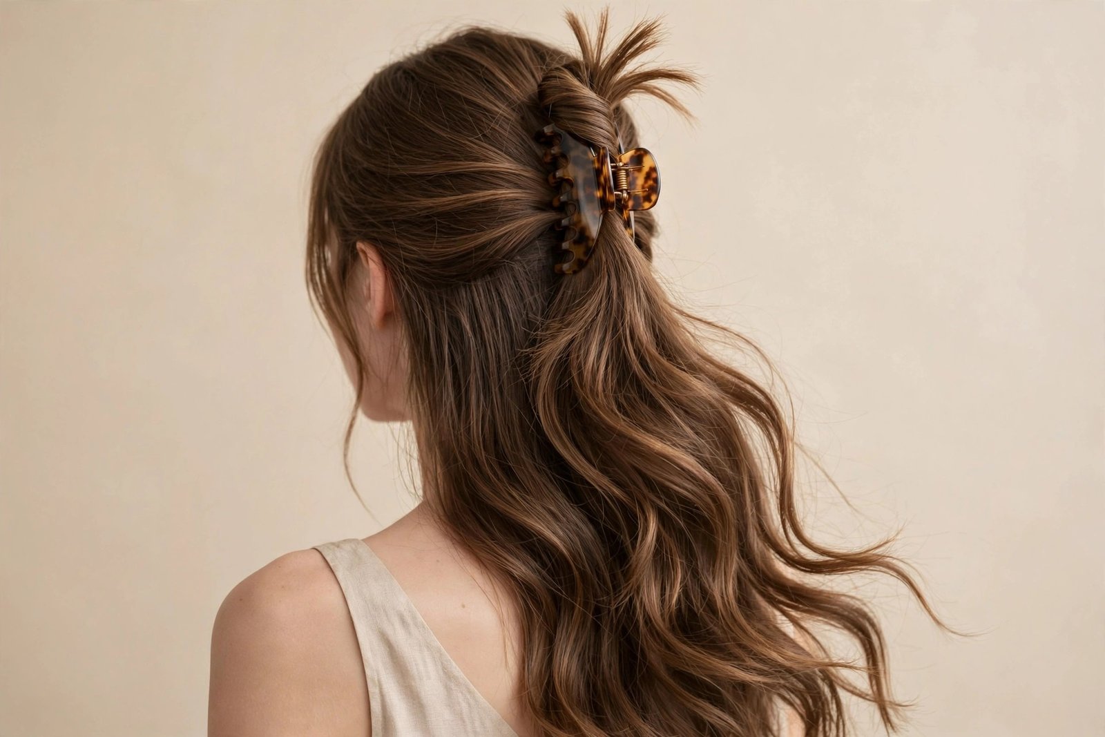 Claw-clip half-up twist with a tortoiseshell clip on medium brown hair