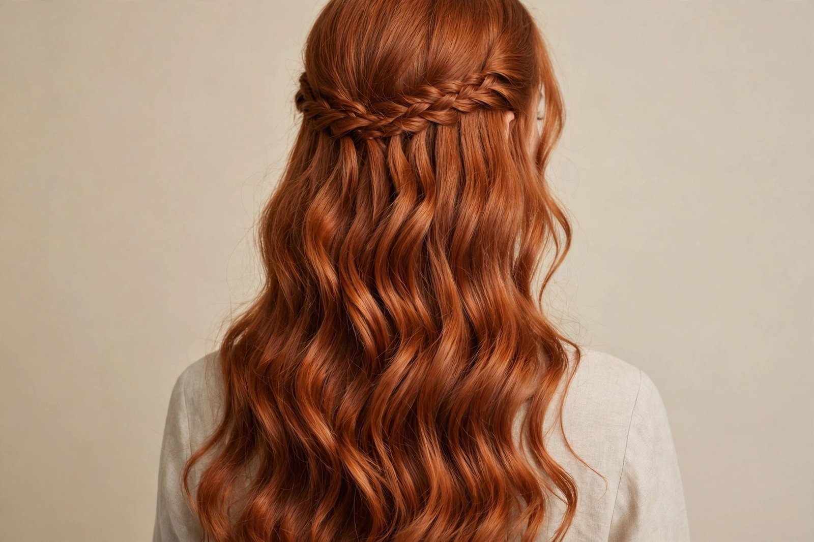 Waterfall-braid half-up on long copper-red wavy hair with cascading strands