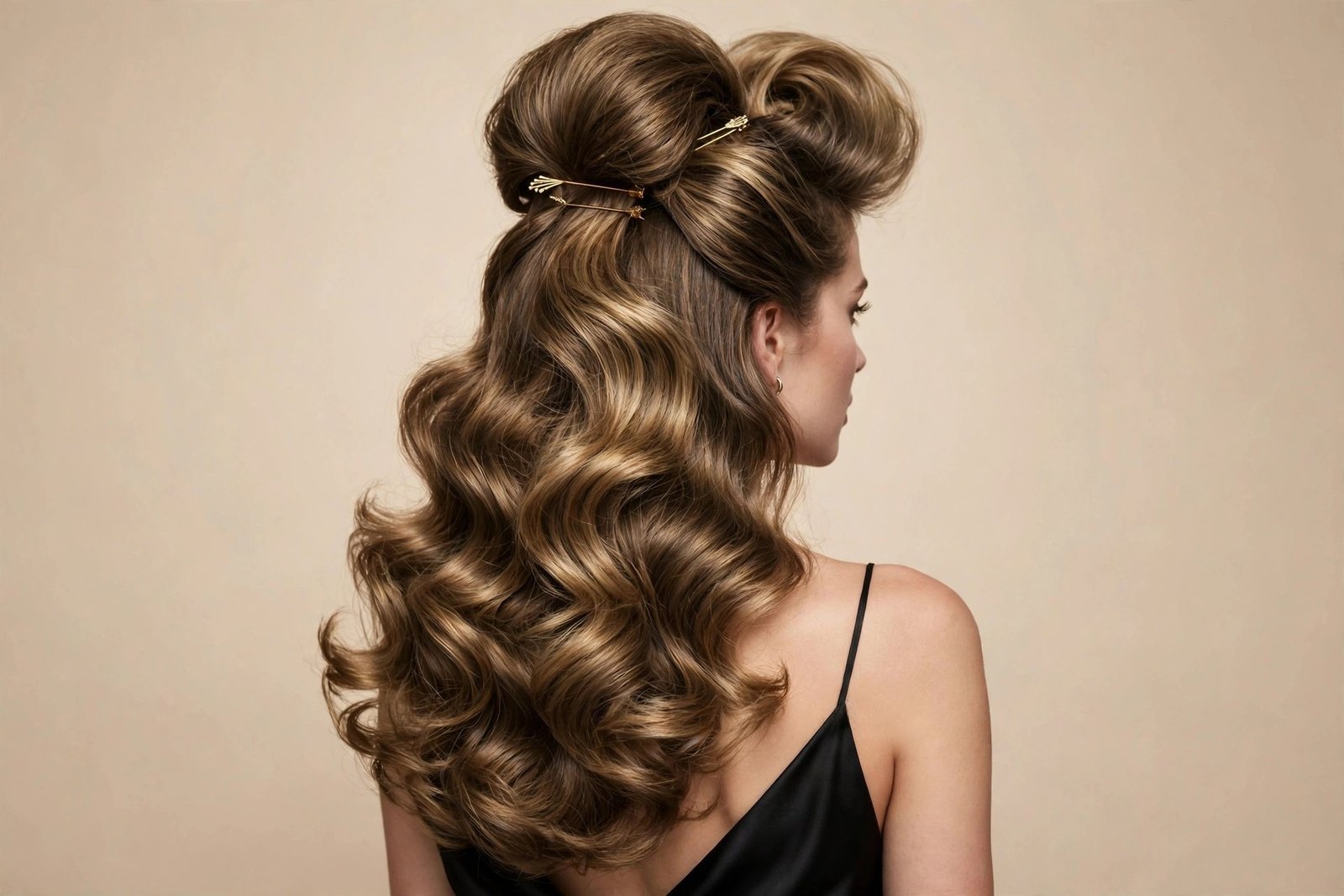 Voluminous blowout half-up hairstyle with big bouncy waves on dark blonde hair