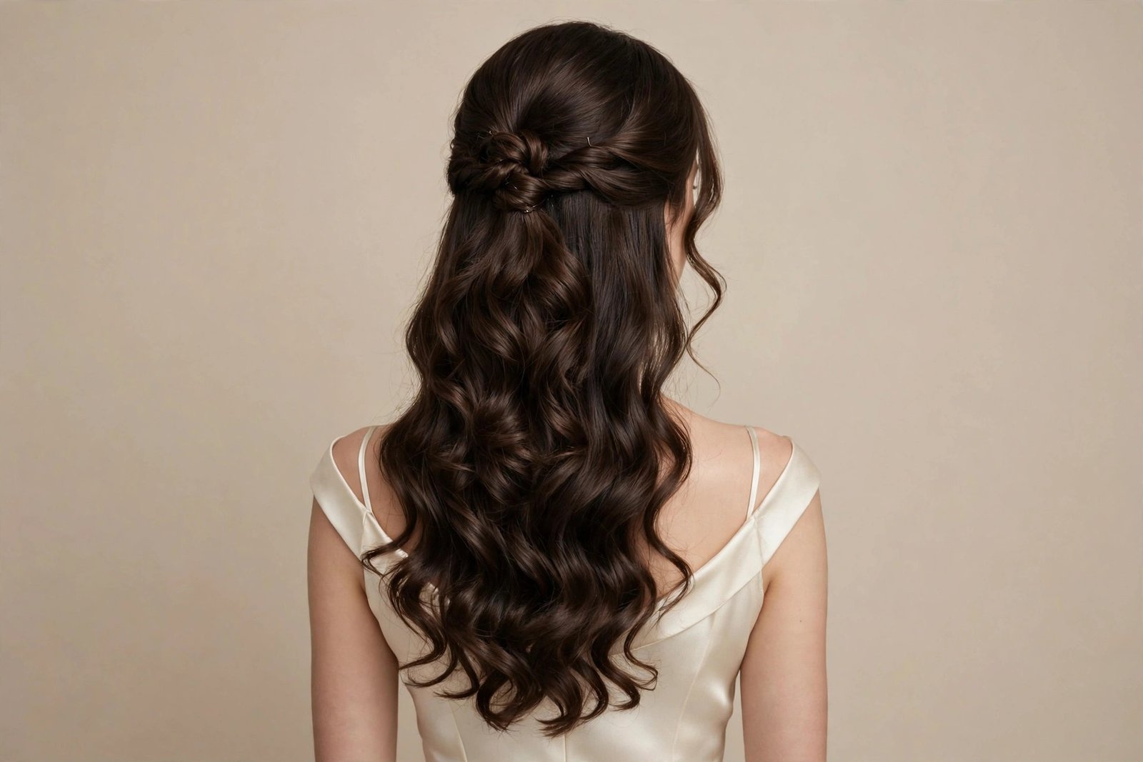 Elegant half up half down hairstyle with soft curls suitable for weddings and special occasions