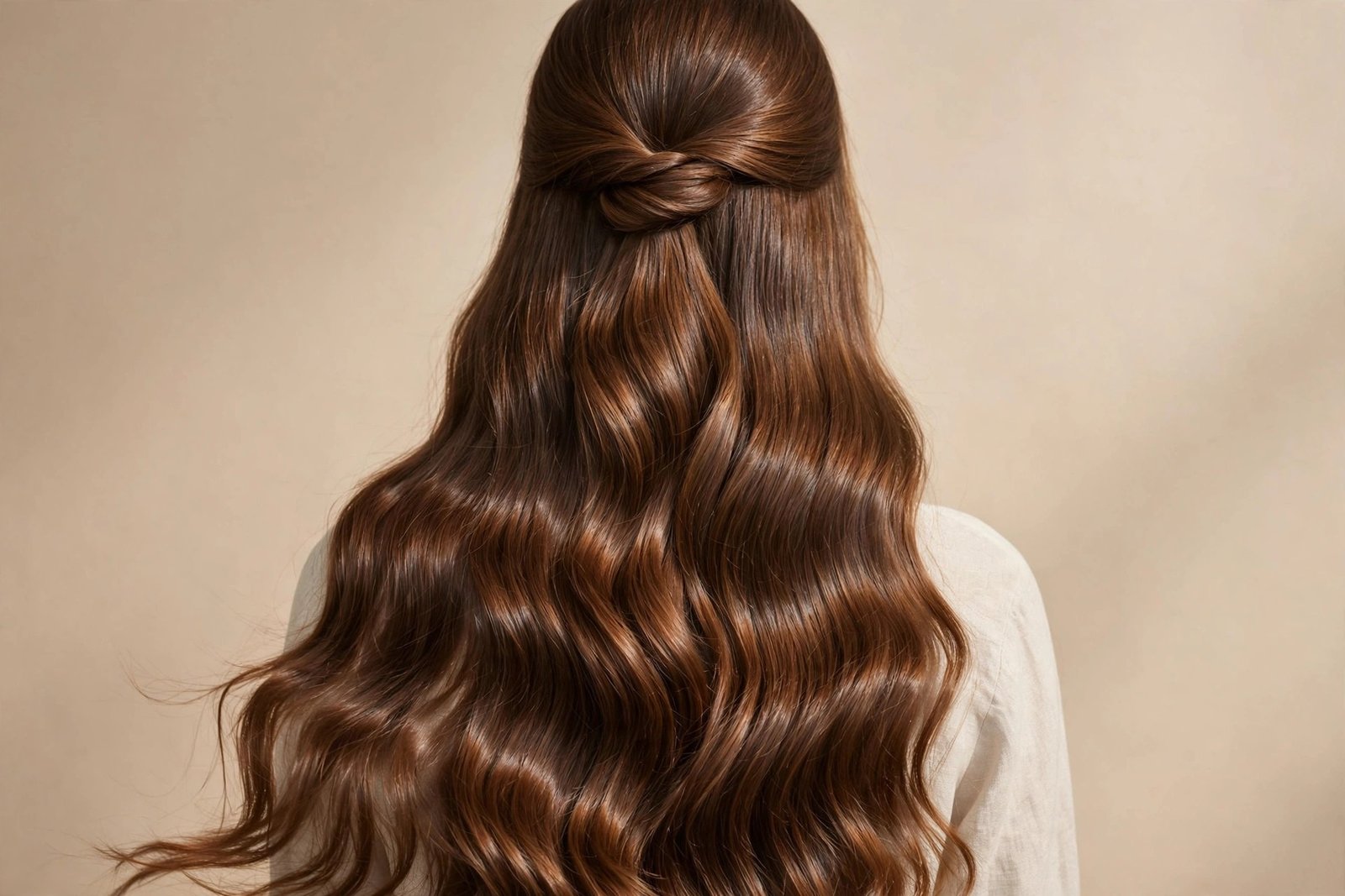 Healthy glossy long hair in a half up half down style showing shiny well-cared-for hair