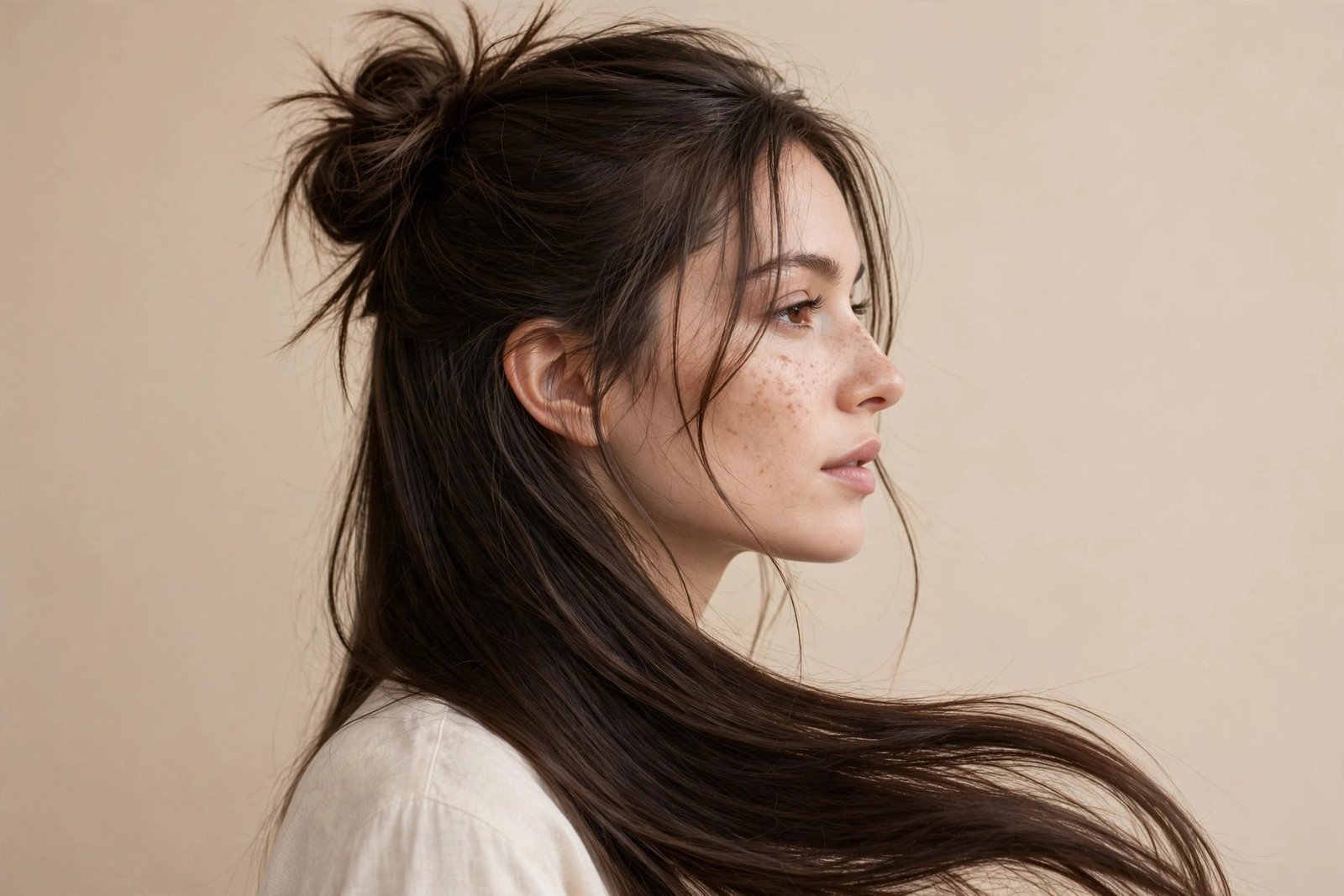 Side view of a half up half down hairstyle with a soft top knot and face-framing pieces
