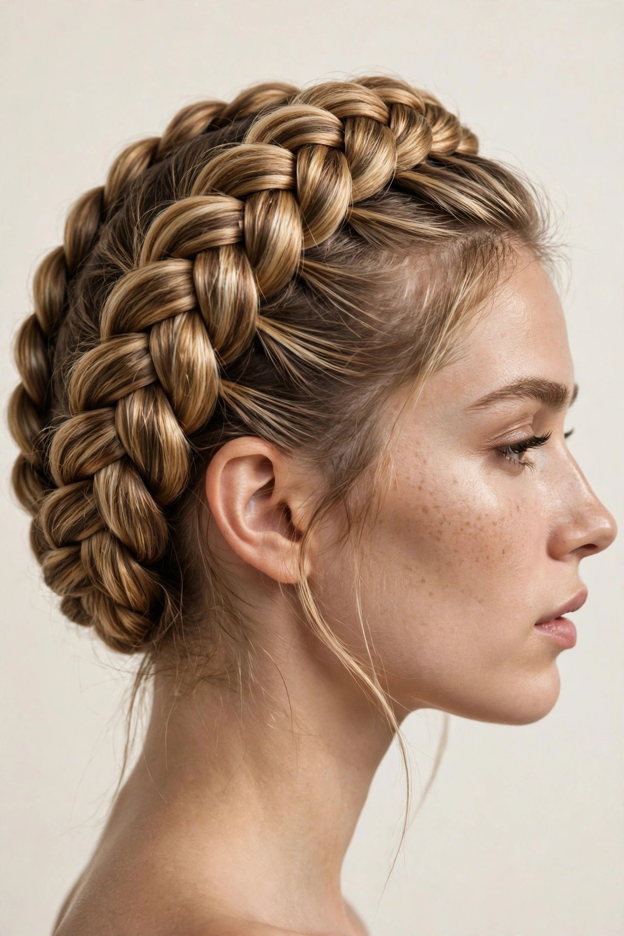 Classic Dutch halo braid crown circling the head, honey-blonde hair, immaculate neat finish, side profile