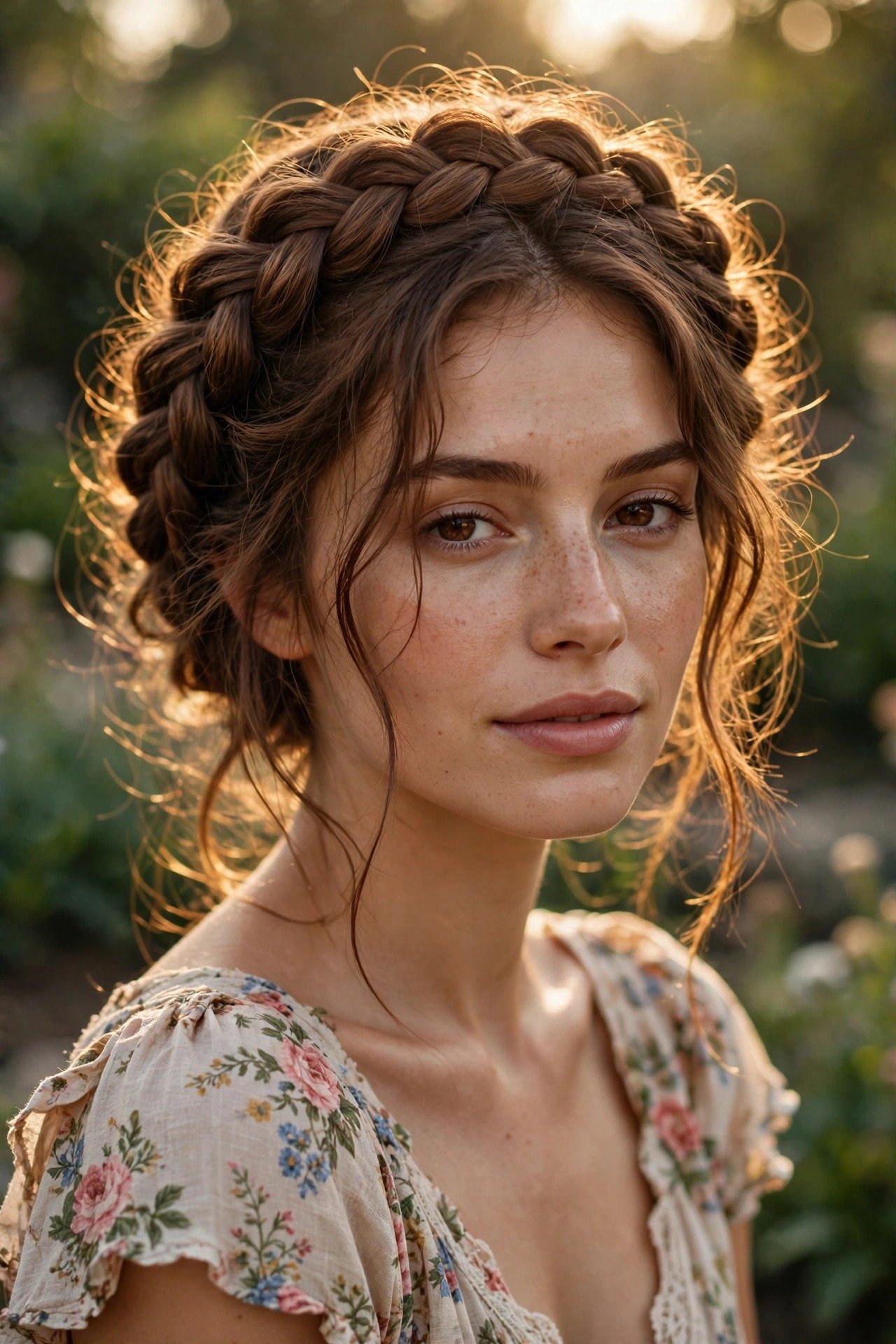 Loose boho messy halo braid with tousled wavy chestnut hair and soft face-framing wisps in a garden setting