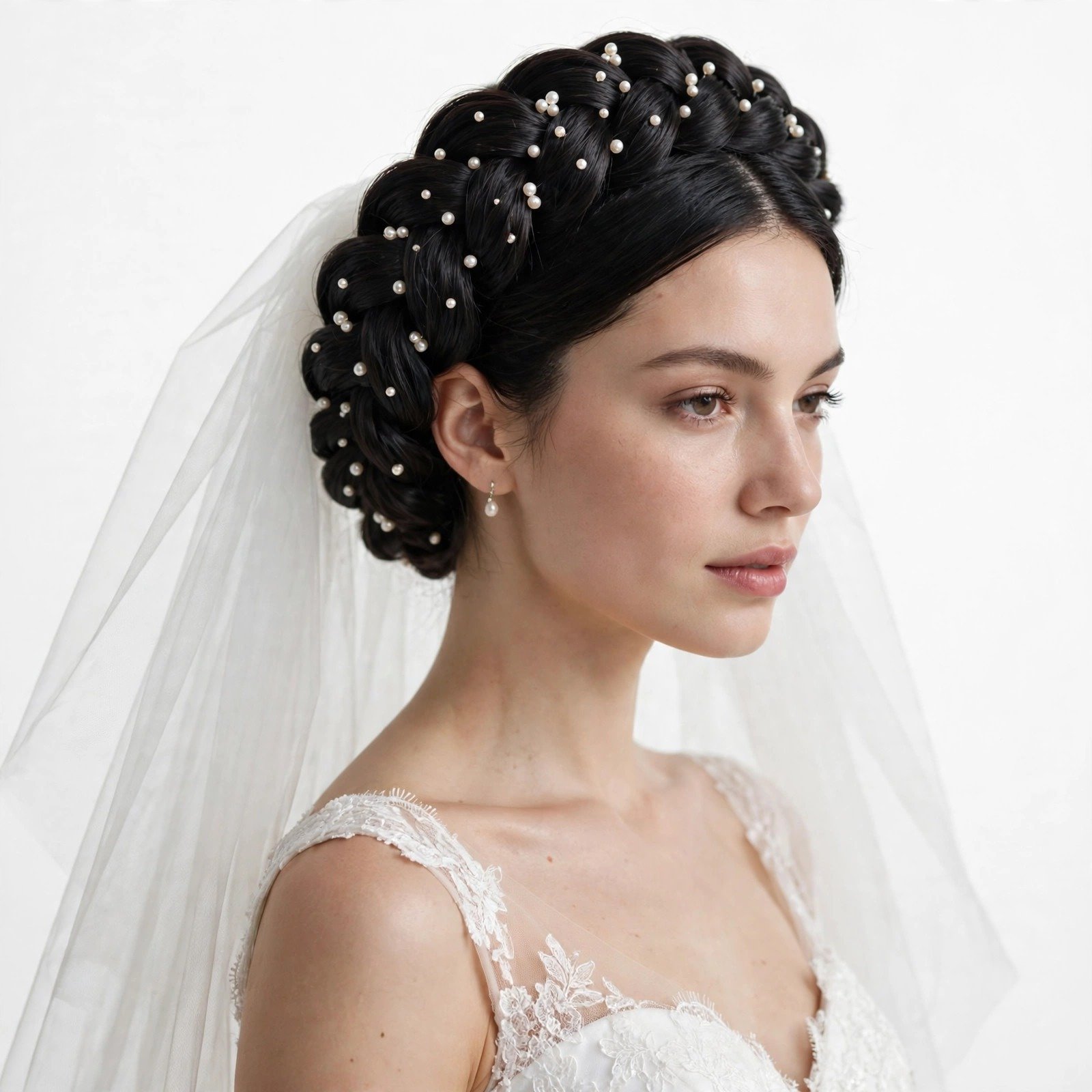 Bridal halo braid adorned with tiny pearl pins, dark glossy hair, elegant wedding styling