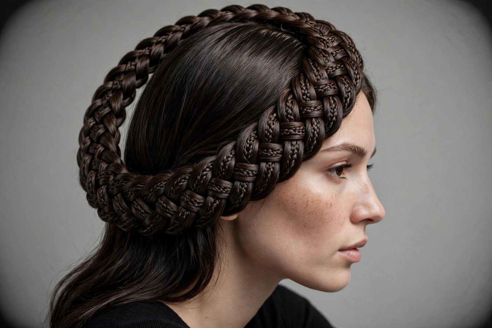 Intricate fishtail halo braid circling the head, dark espresso hair, detailed woven texture, side view