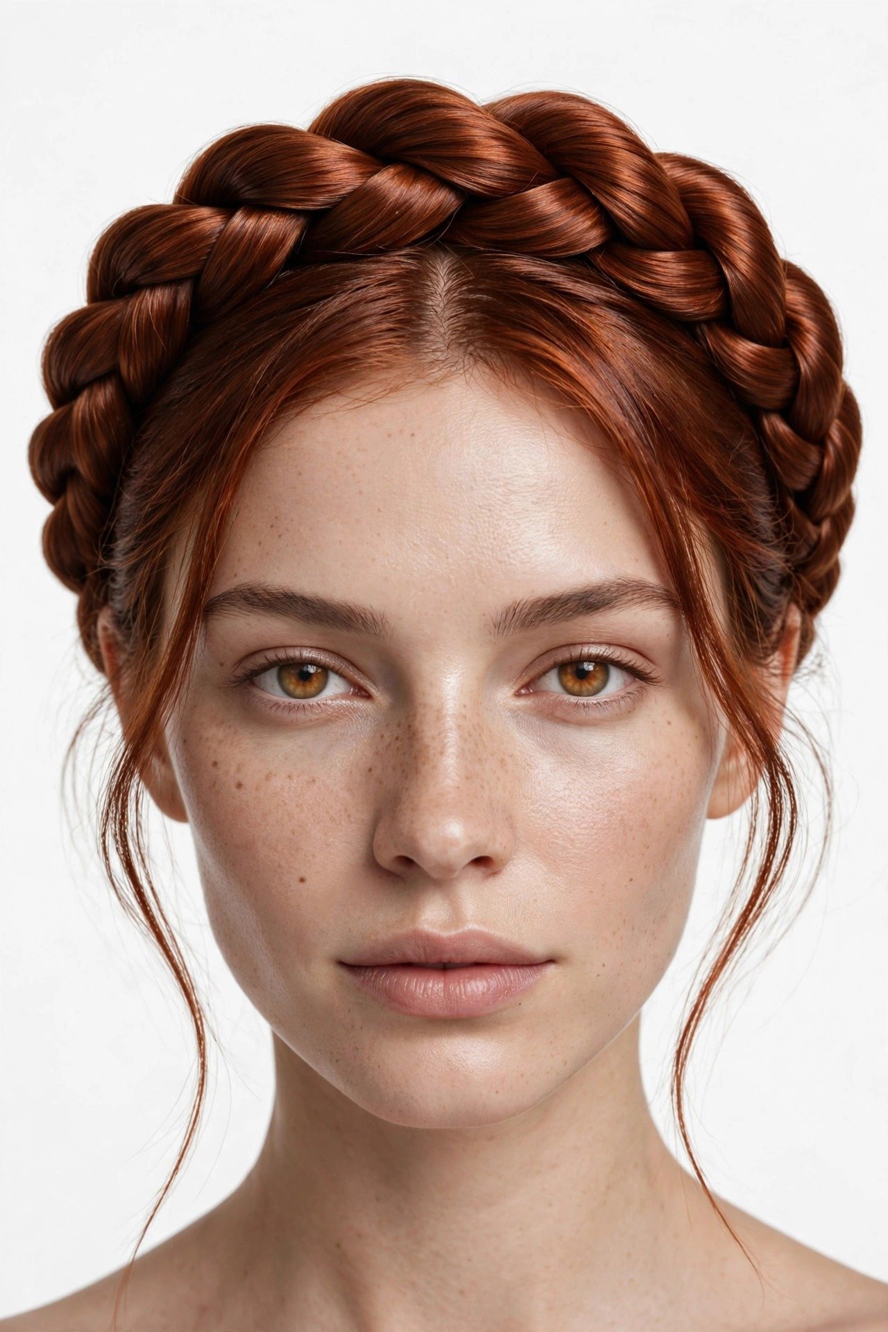 Smooth rope-twist halo braid wrapped around the head, glossy auburn hair, minimalist elegant styling