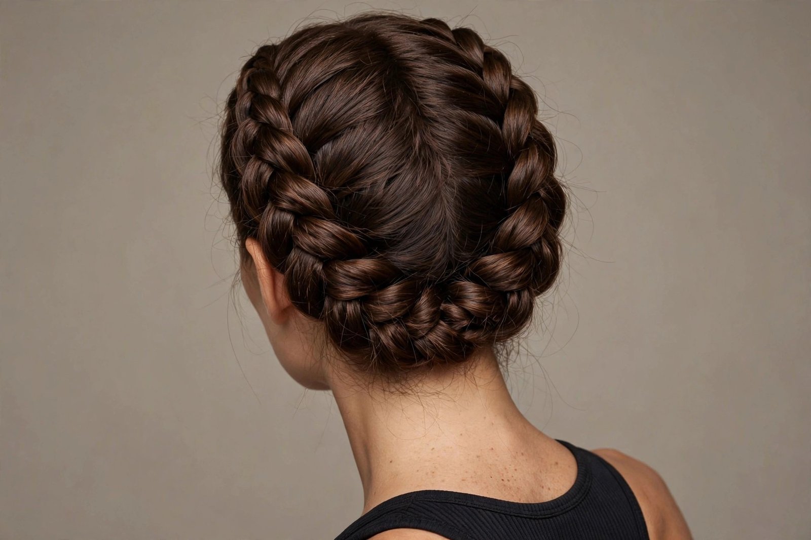 Double Dutch halo braid with two thick braids meeting into a continuous crown, chocolate-brown hair, three-quarter back view