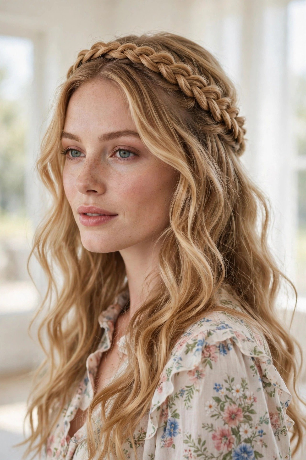 Half-up halo braid circling the crown with long wavy golden-blonde hair flowing loose over shoulders
