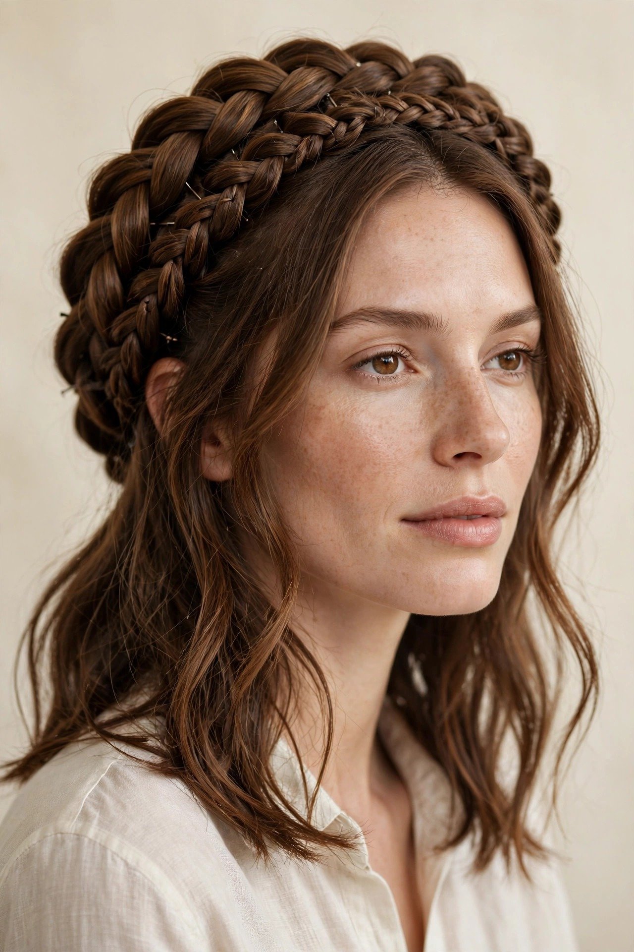 Faux halo braid crown on shoulder-length chestnut hair created with pinned sections and extensions, elegant everyday look