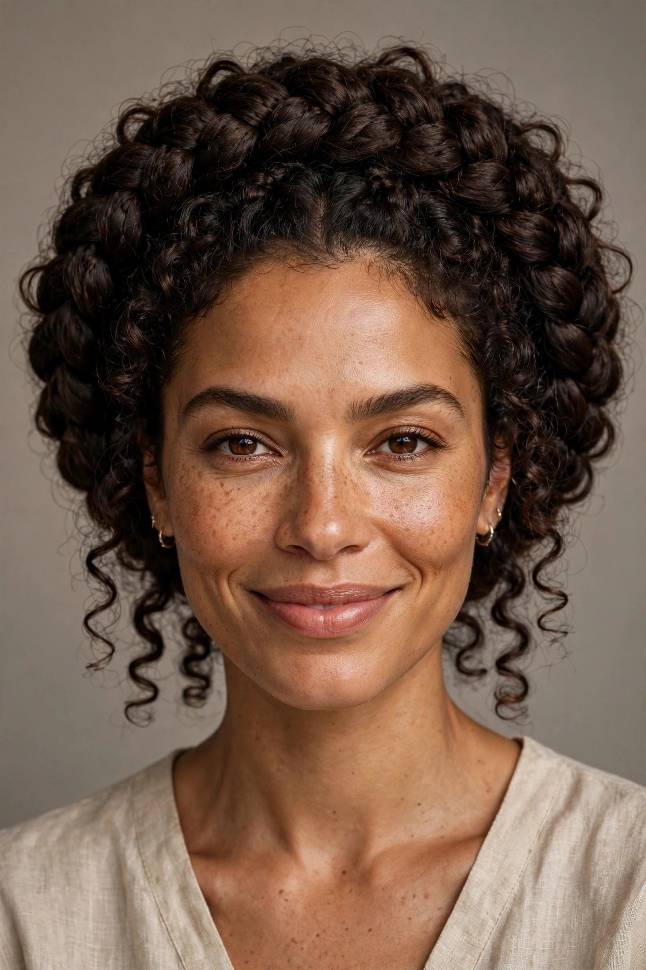 Textured curly halo braid with voluminous natural curls woven into a crown, dark brown hair, studio portrait