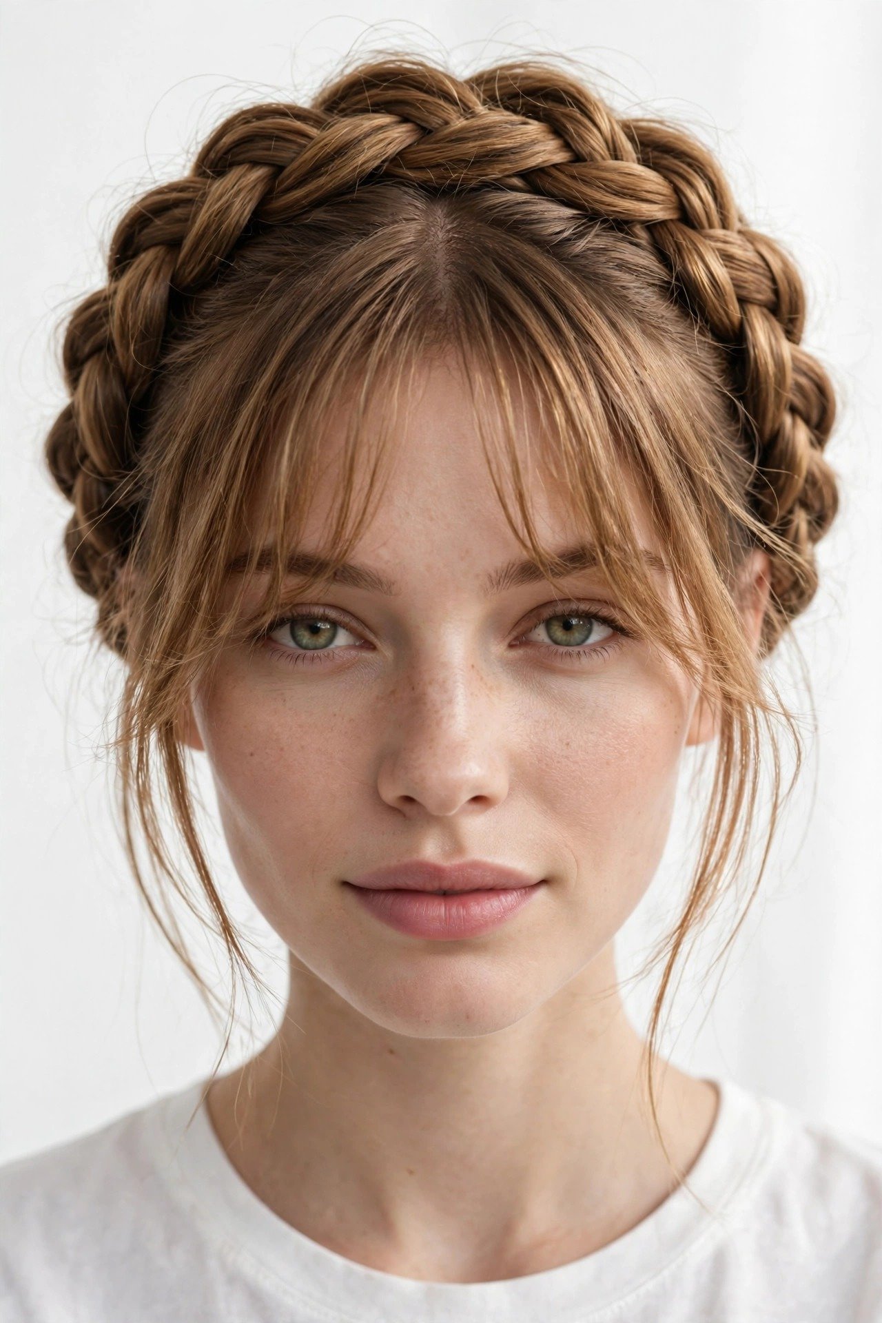 Halo braid with soft curtain bangs framing the face, golden-brown hair, fresh feminine styling