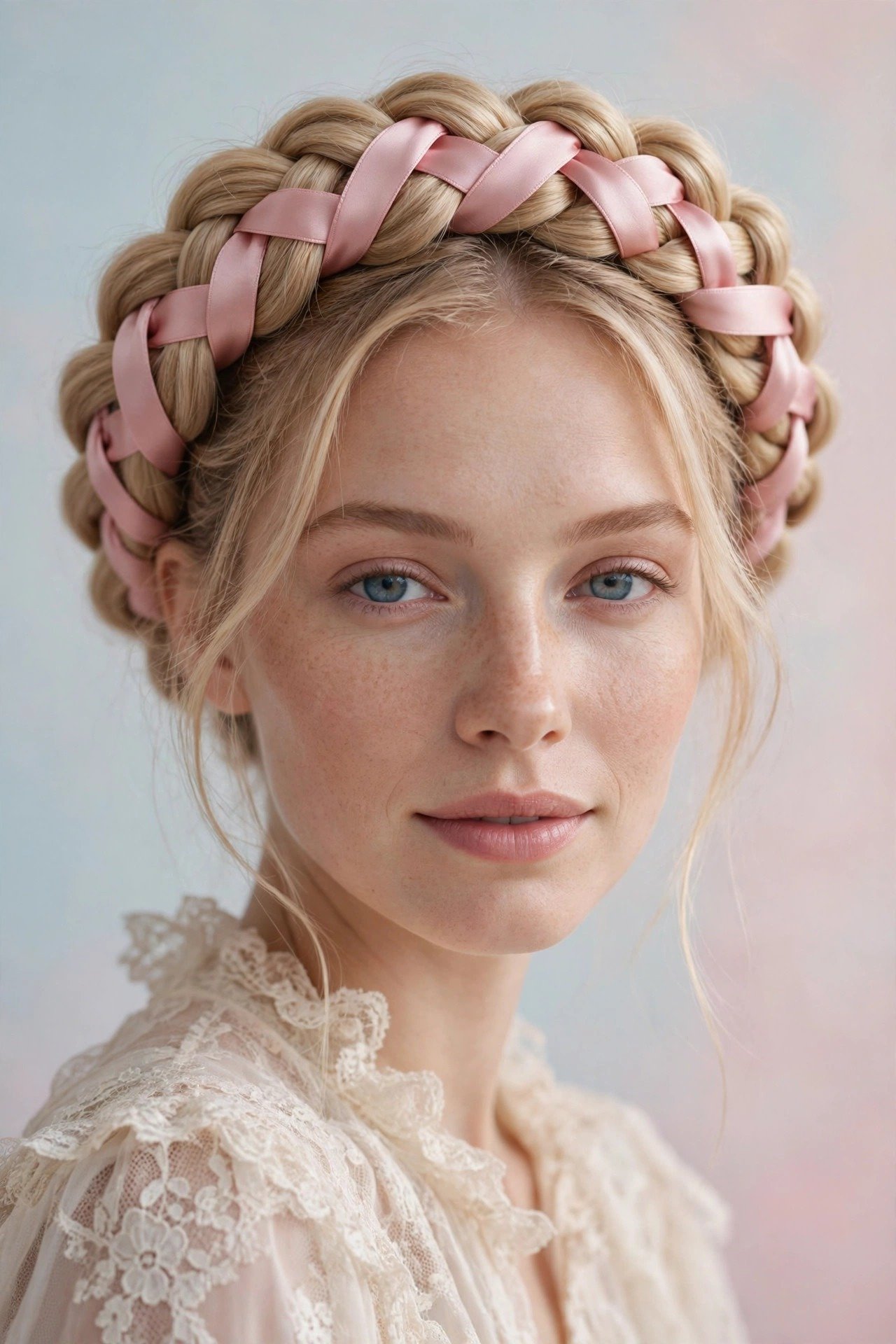 Milkmaid halo braid with delicate satin ribbon woven through thick blonde braid, vintage romantic charm