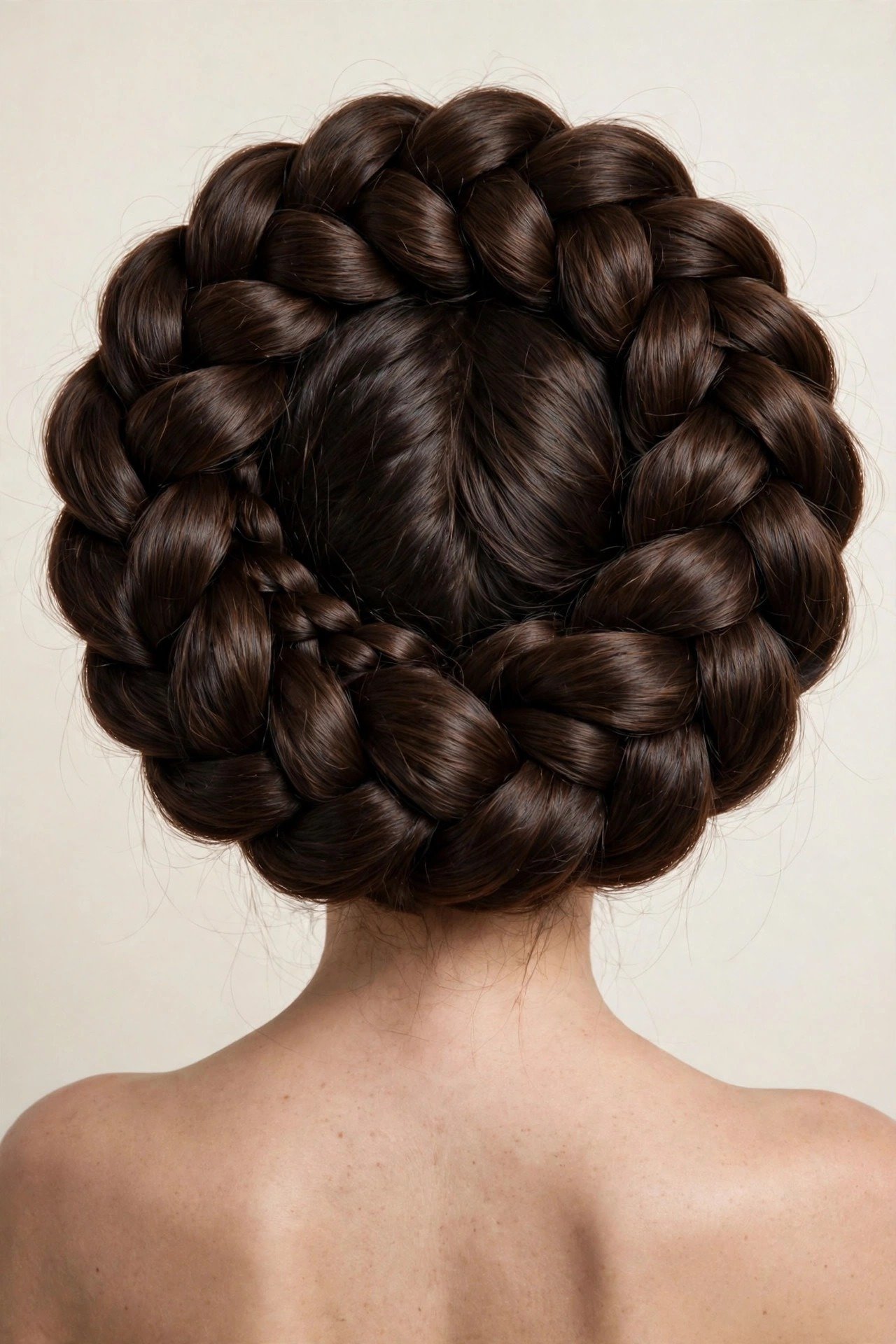 Thick voluminous halo braid on very thick long dark chocolate-brown hair, full lush braided crown, back view