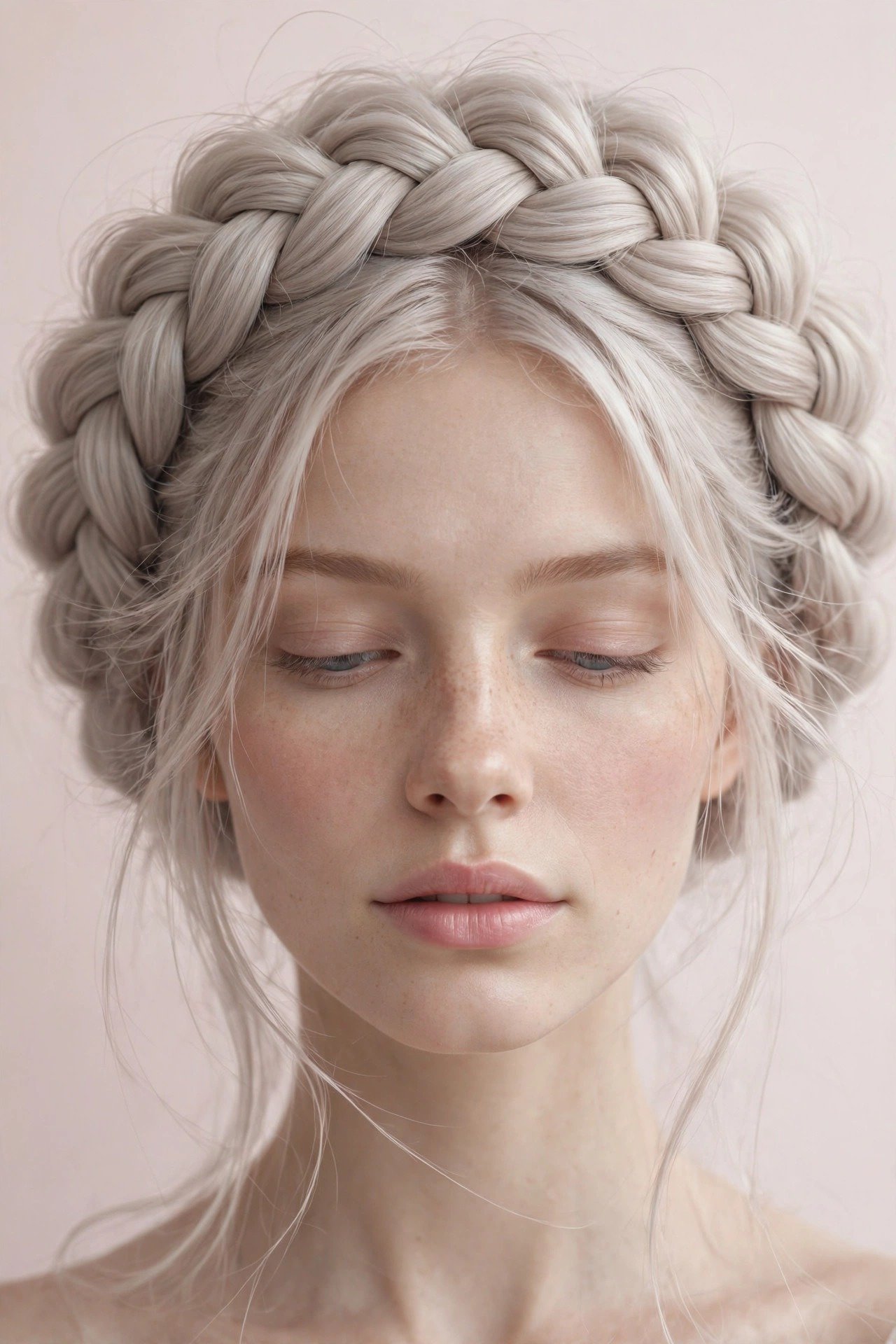 Gently pancaked halo braid on fine ash-blonde hair, soft wide dreamy braid effect, ethereal romantic look