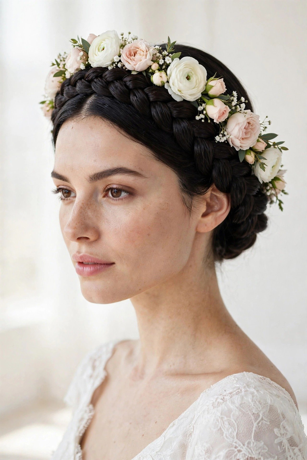 Wedding-day floral halo braid with fresh white and blush flowers woven through dark glossy braided crown