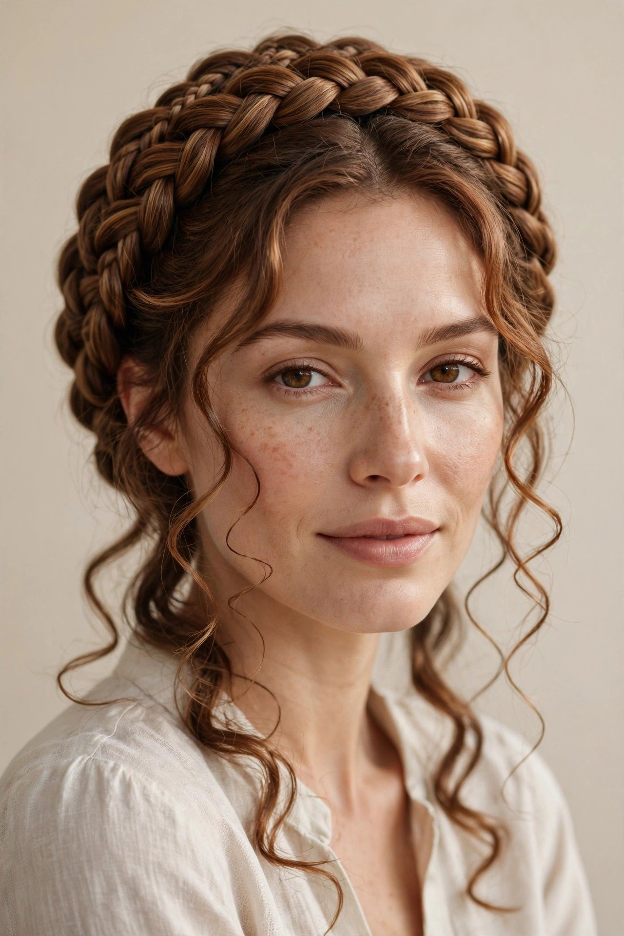 Halo braid with delicate curled face-framing tendrils, warm caramel-brown hair, soft feminine glow
