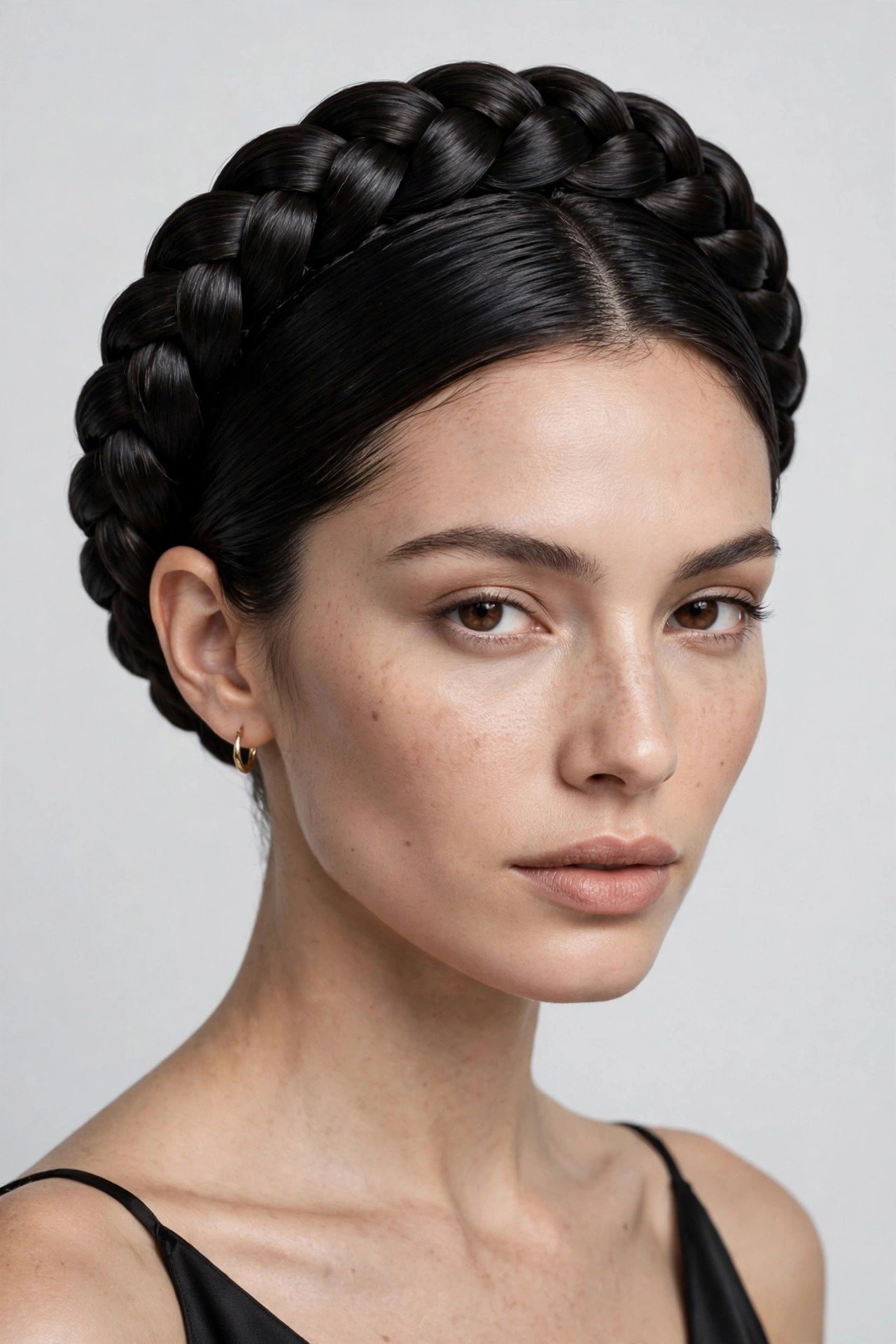 Sleek ballerina-style halo braid, ultra-smooth polished crown, deep black glossy hair, refined elegant look