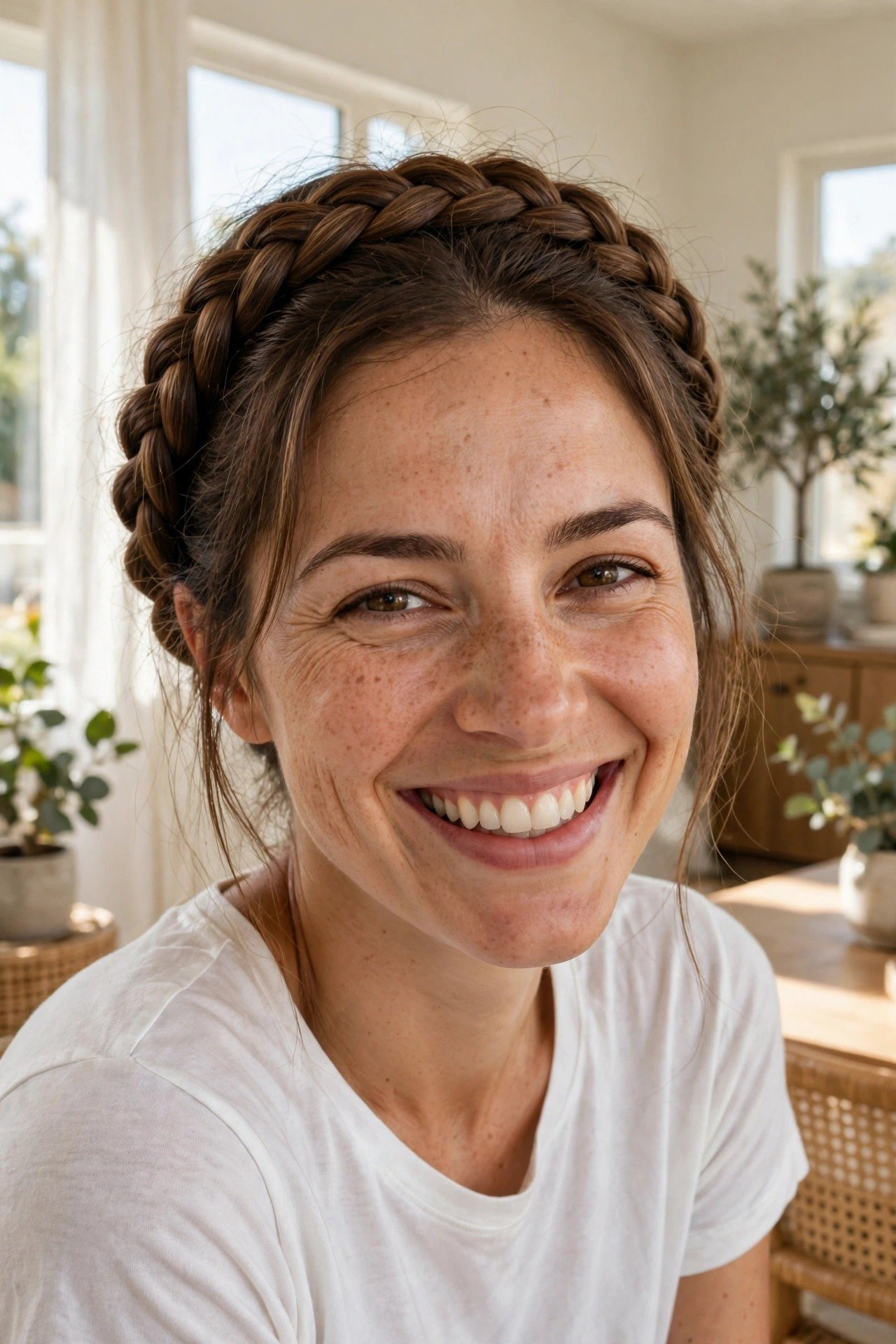 Smiling woman with casual everyday halo braid, natural medium-brown hair, bright sunlit interior