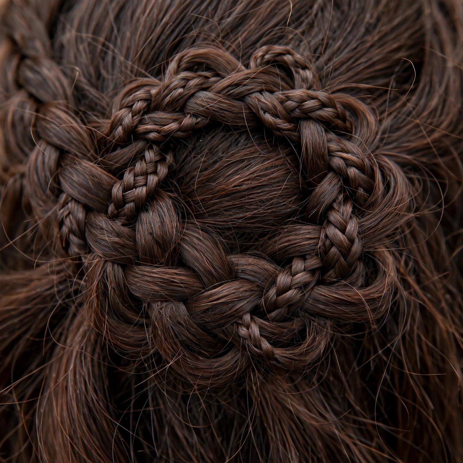 Close-up detail of an elegant halo braid crown showing intricate woven braid texture on dark glossy hair